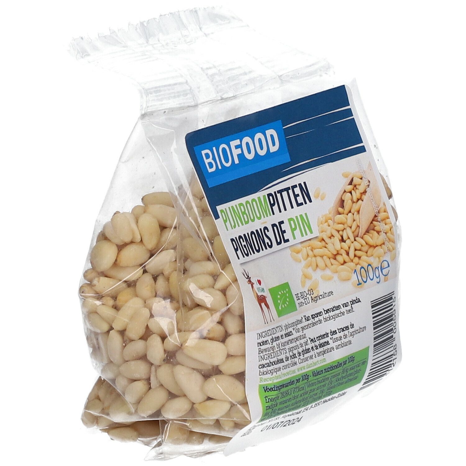 Transparante verpakking BIOFOOD Pijnboompitten. Opschrift: Pijnboompitten, Pignons de pin, 100g, bio-label.