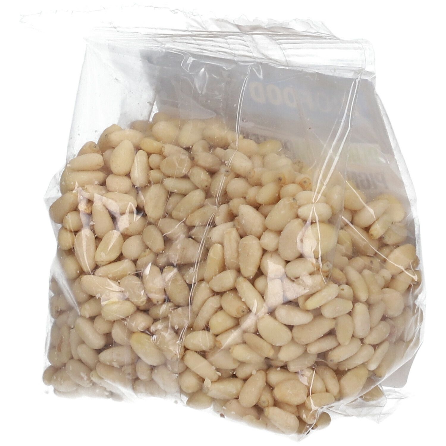 Transparante verpakking BIOFOOD Pijnboompitten. Opschrift: Pijnboompitten, Pignons de pin, 100g, bio-label.