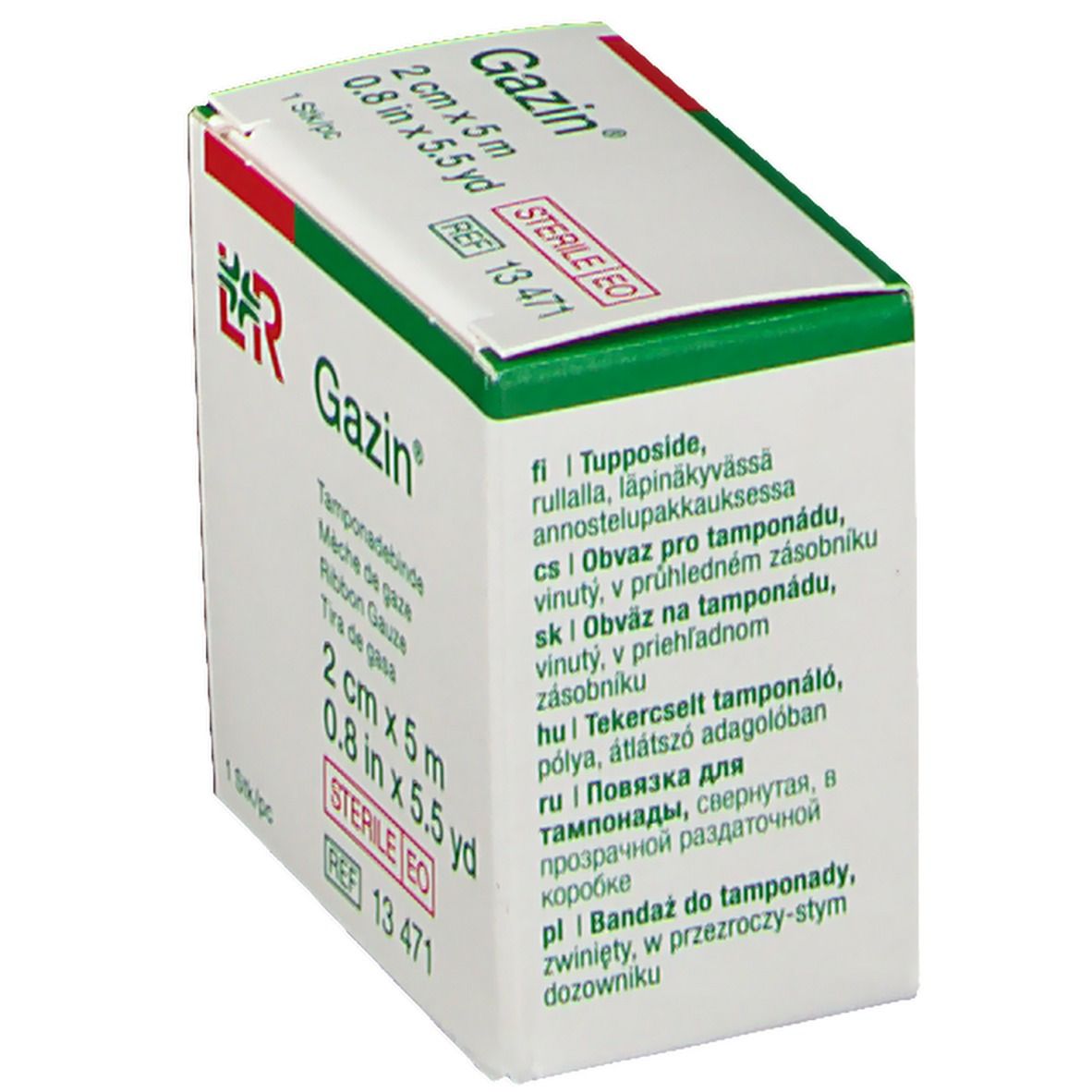 Gazin Tamponadebinden-Verpackung, 2 cm x 5 m. Sterile EO. Mehrsprachige Text.