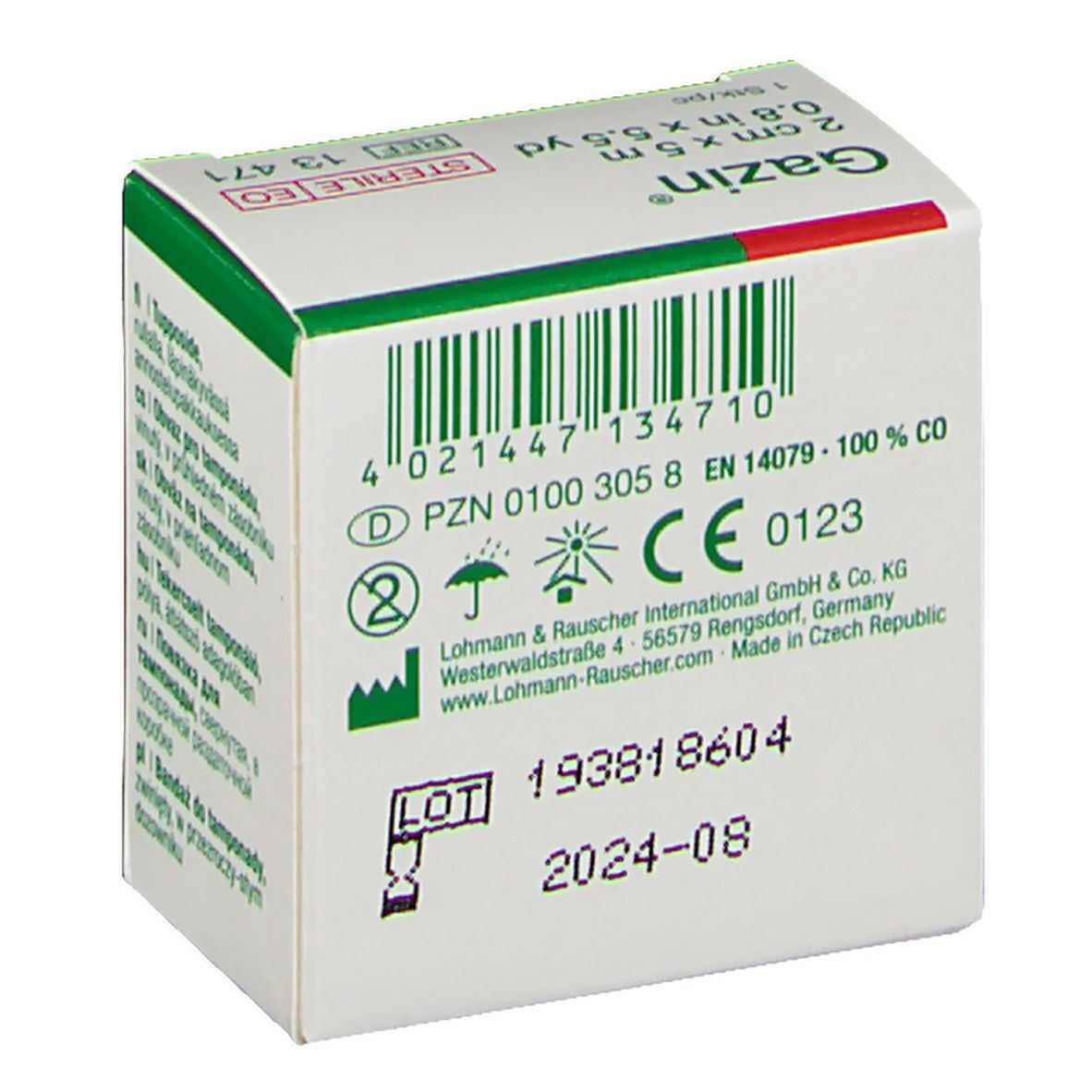 Gazin Tamponadebinden-Verpackung, Rückseite. Barcode, CE-Kennzeichnung, Haltbarkeitsdatum.
