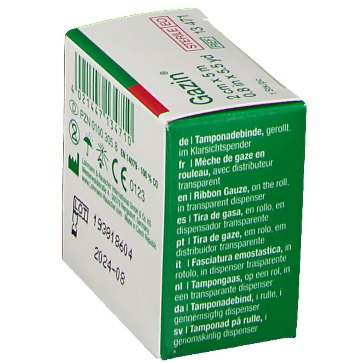 Gazin Tamponadebinden-Verpackung, Seite. Mehrsprachige Produktbeschreibung.