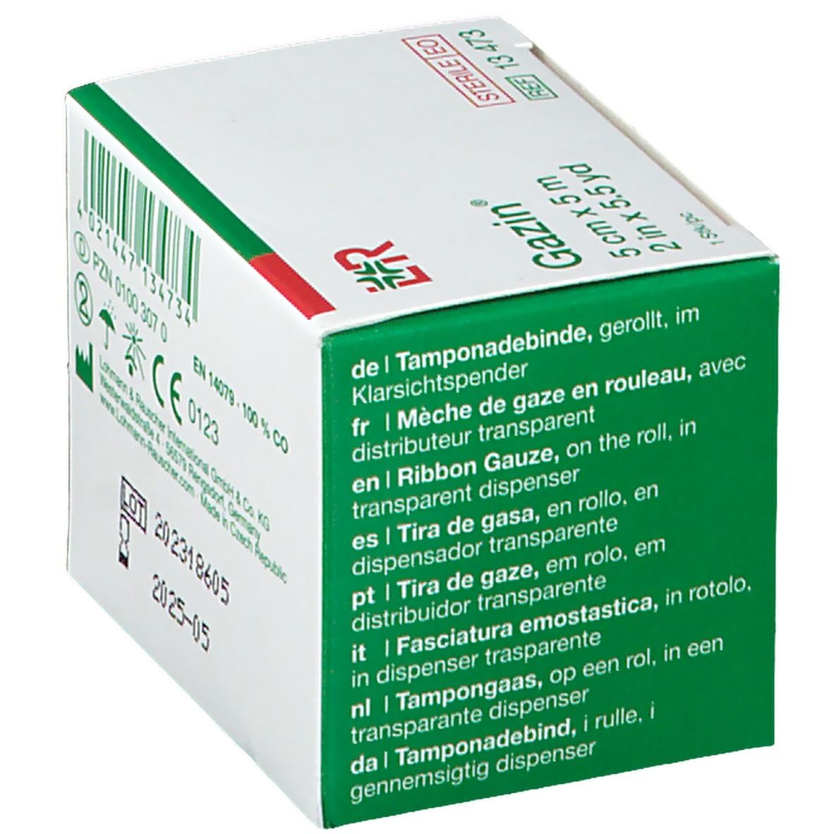 Coin de la boîte Gazin. Liste multilingue. Nom, dimensions : 5 cm x 5 m. Mention 'stérile'.