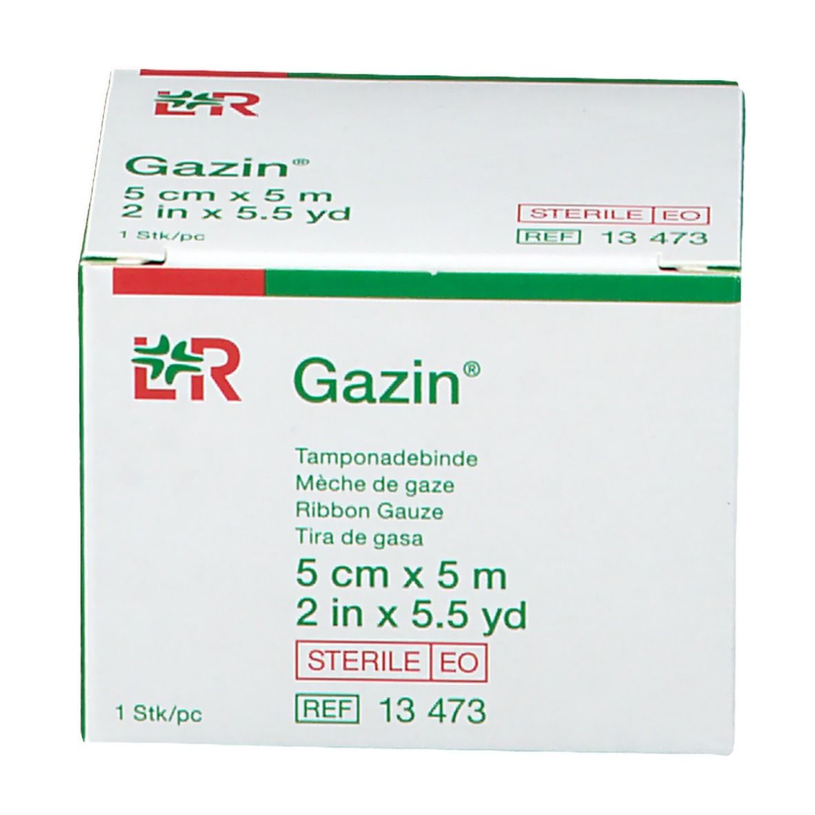 Boîte de Gazin, bande de gaze. Dimensions : 5 cm x 5 m. Mention 'stérile'. Logo et nom du produit.