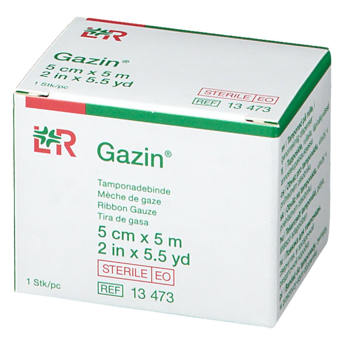 Boîte de Gazin, bande de gaze. Dimensions : 5 cm x 5 m. Mention 'stérile'. Logo et nom du produit.