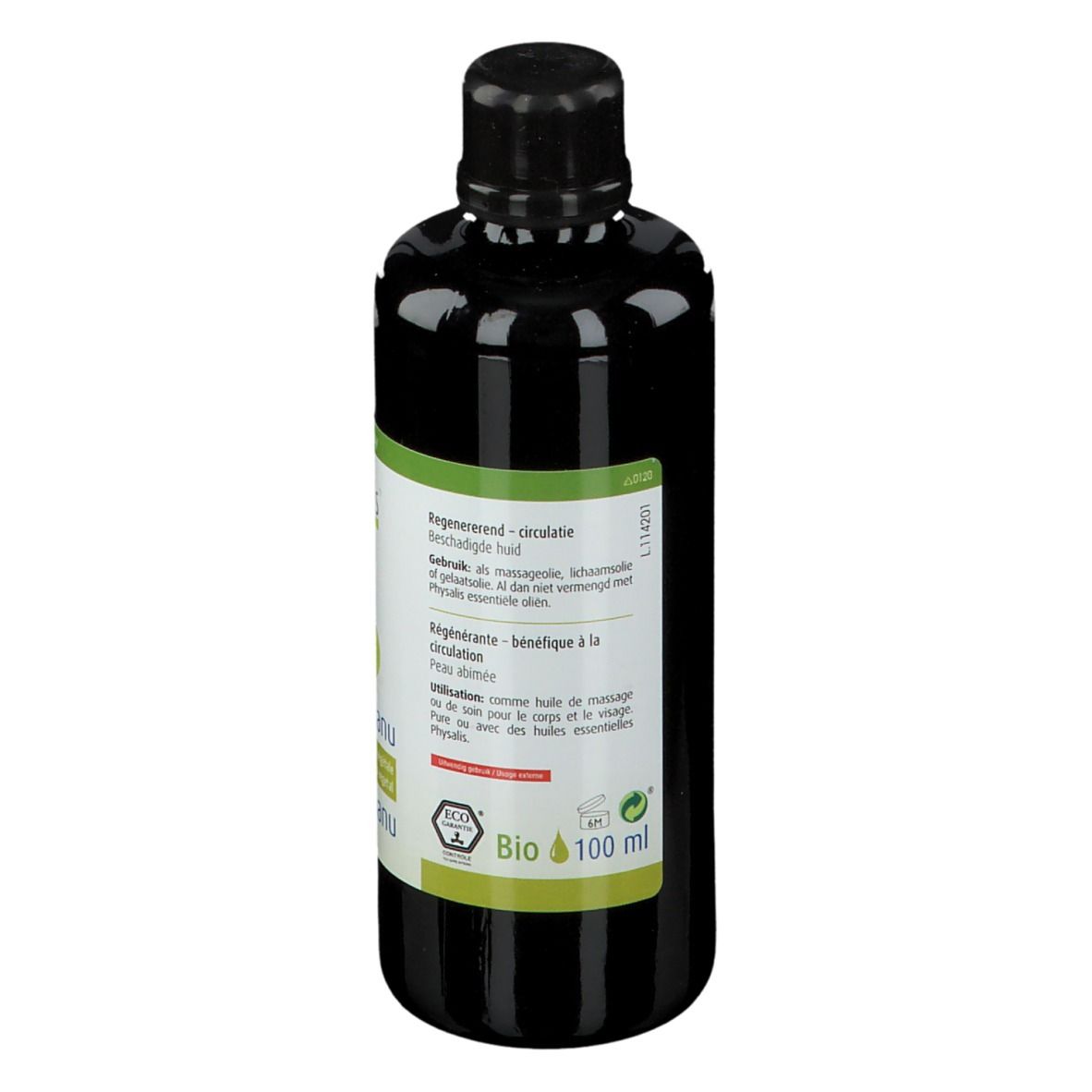 Donkere fles met zwarte dop. Etiket met productinfo, bio-keurmerk en 100 ml. Aromatherapie.