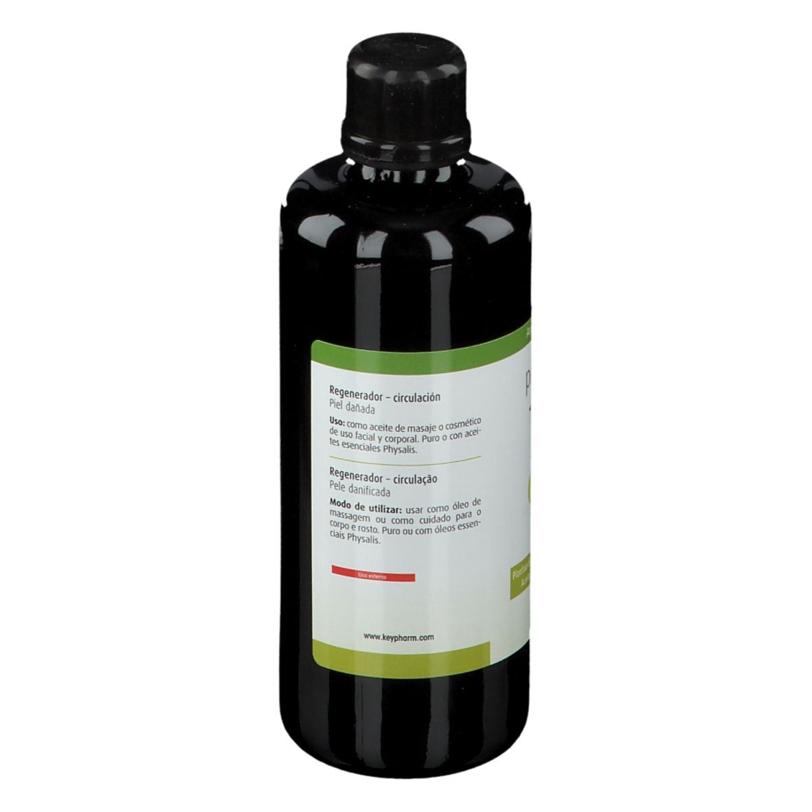 Donkere fles met zwarte dop. Etiket met productinfo. Achteraanzicht. Aromatherapie.
