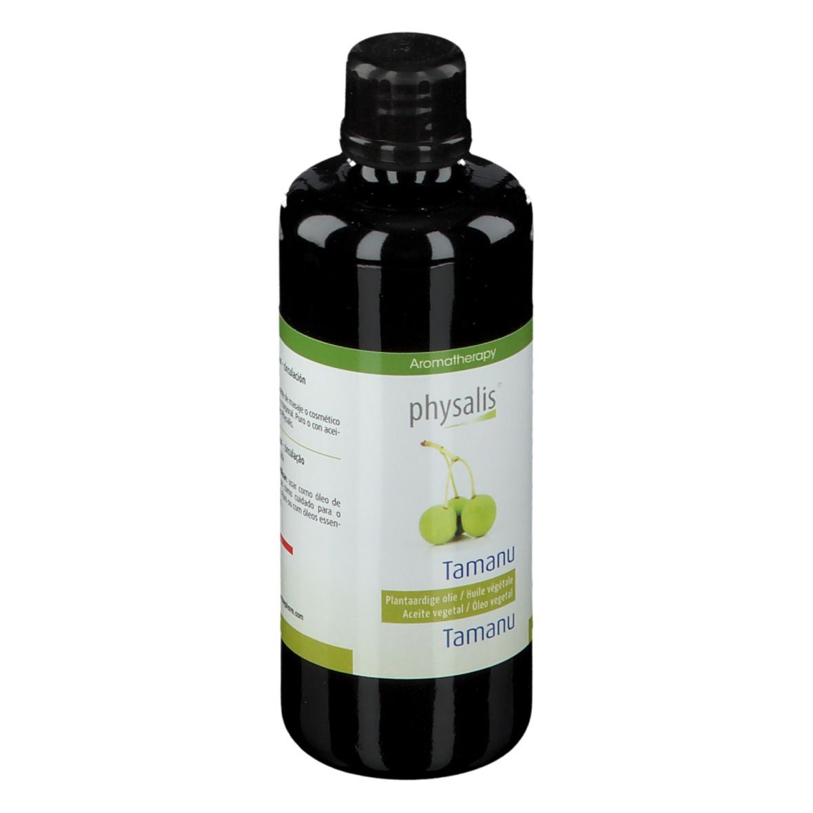 Donkere fles met zwarte dop. Etiket met productnaam en illustratie van groene vruchten. Aromatherapie.