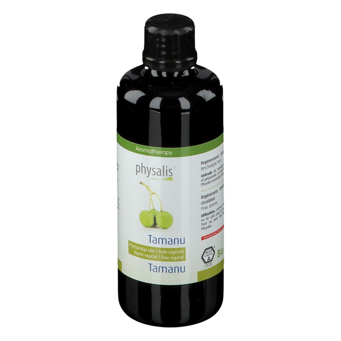 Donkere fles met zwarte dop. Etiket met productnaam en illustratie van groene vruchten. Aromatherapie.