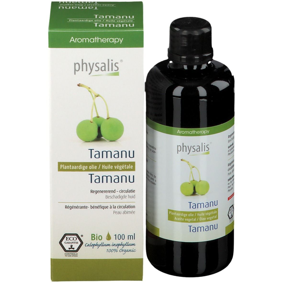 Fles en verpakking. Fles met zwarte dop. Verpakking met productnaam en illustratie van fruit. 100 ml.