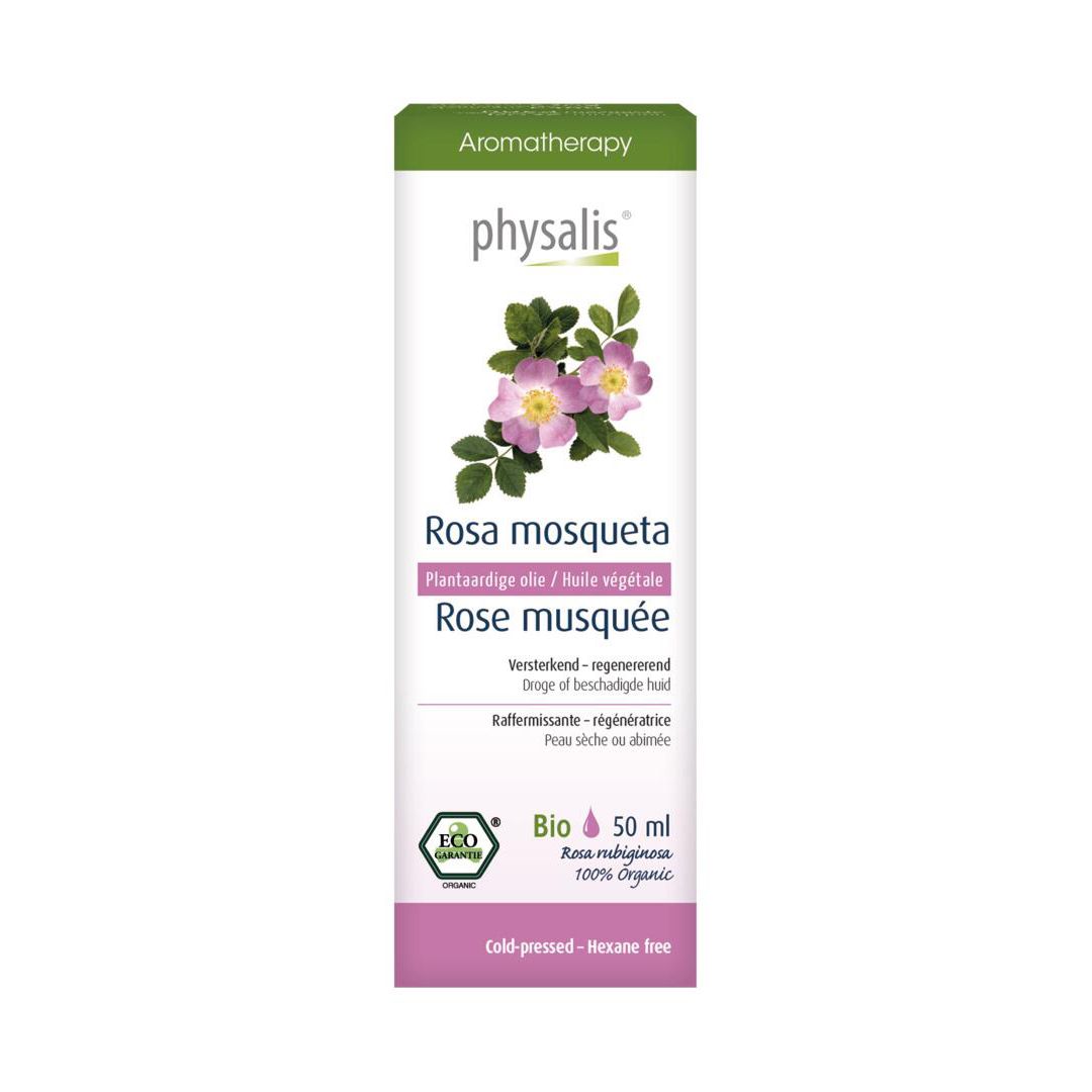 Doos met "physalis" en roos. Tekst: Rosa mosqueta, 50 ml. Bio-keurmerk.