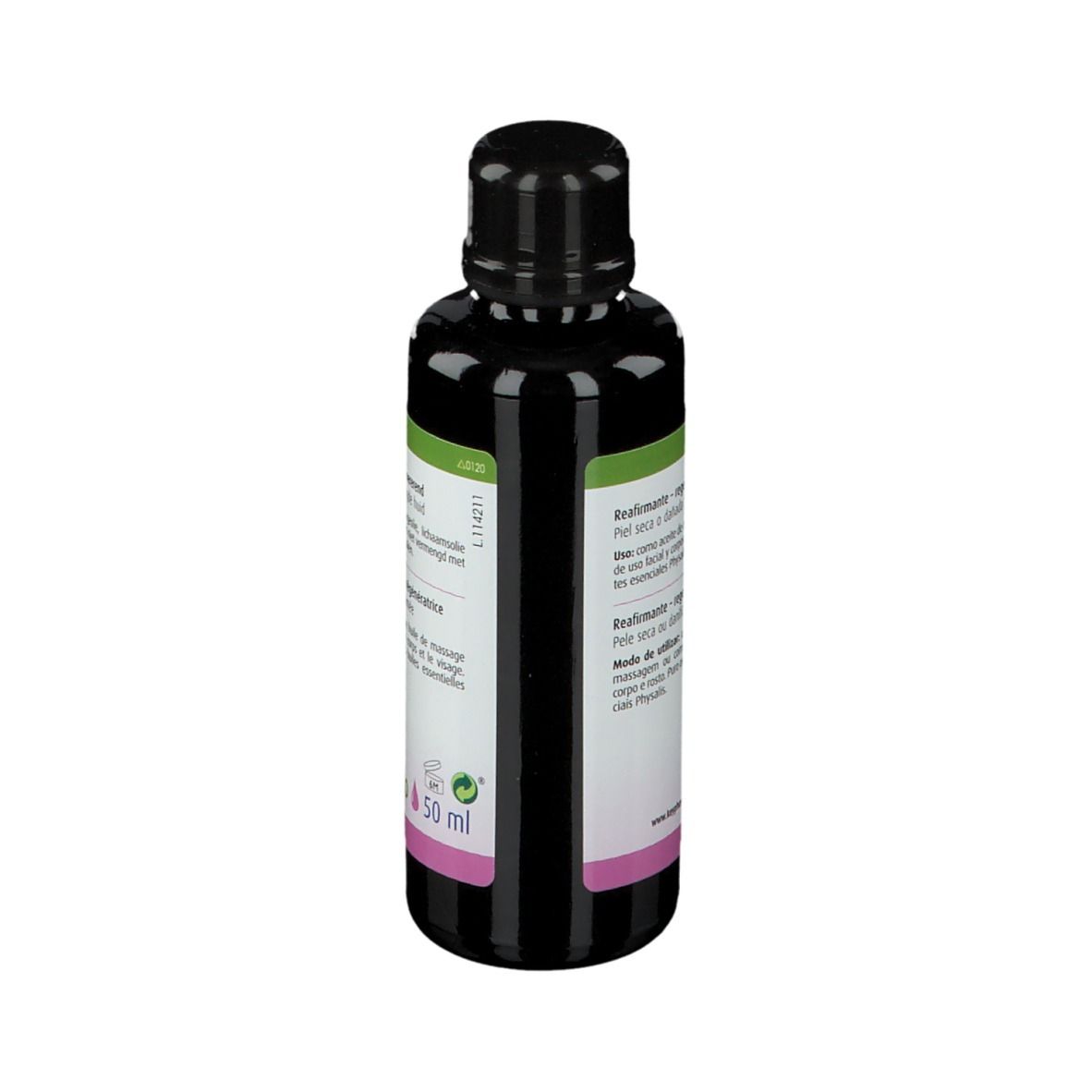 Donkere fles met tekst. Etiket met tekst: "Versterkend - regenererend". 50 ml.