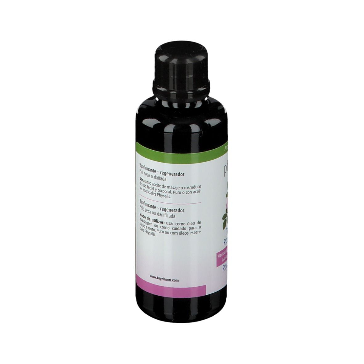 Donkere fles met tekst. Etiket met tekst: "Raffermissante - régénératrice". 50 ml.