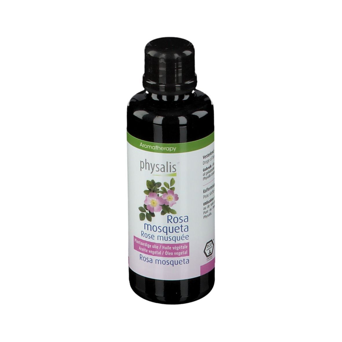 Donkere fles met zwarte dop. Etiket met "physalis" en roos. Tekst: Rosa mosqueta, plantaardige olie.