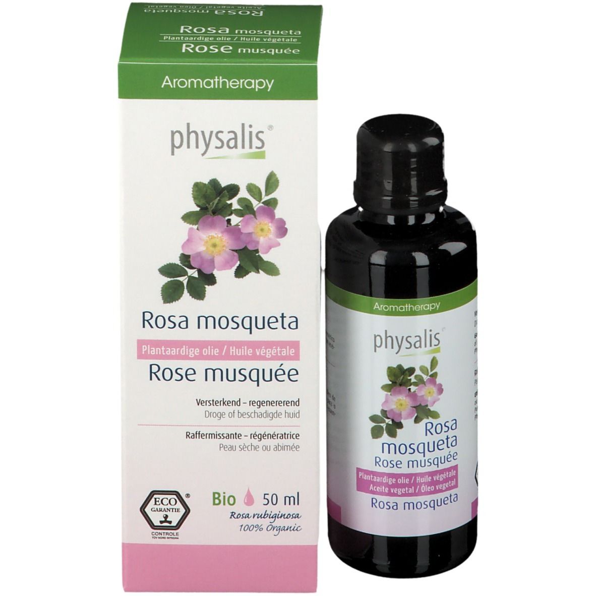 Fles en doos. Doos met "physalis" en roos. Tekst: Rosa mosqueta, 50 ml. Bio-keurmerk.