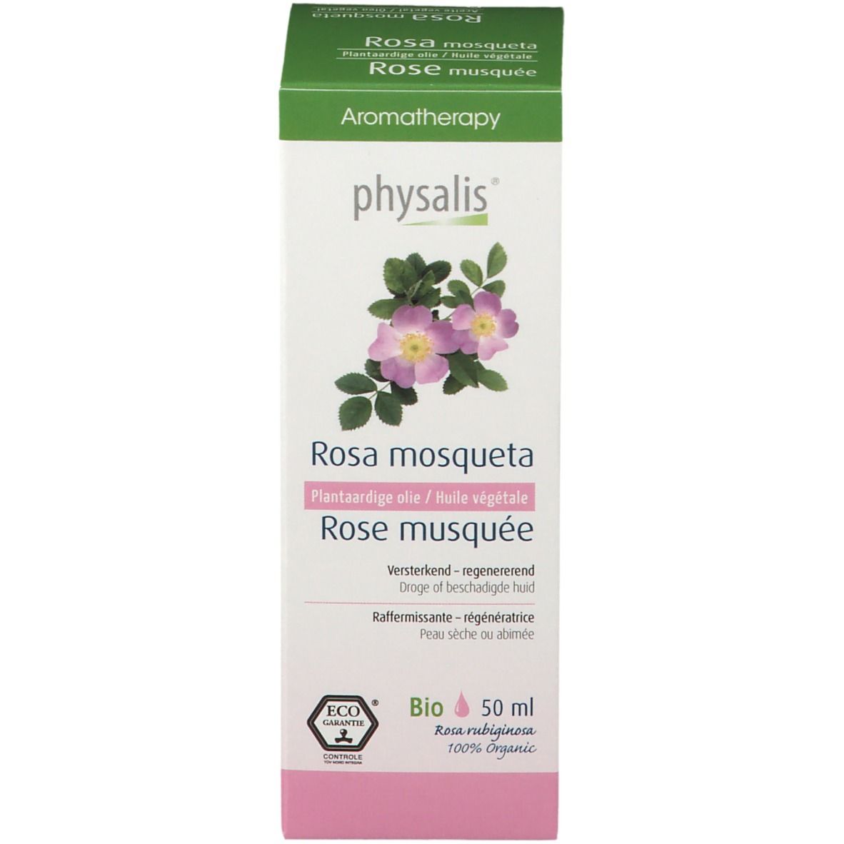 Doos met "physalis" en roos. Tekst: Rosa mosqueta, 50 ml. Bio-keurmerk.