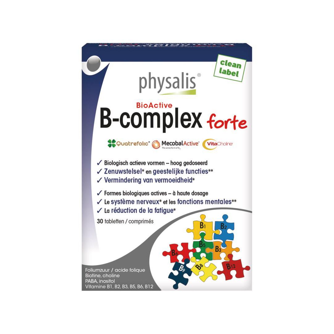 Doos physalis® B-Complex forte. Blauwe verpakking met productnaam en logo's. Bevat 30 tabletten. Opschriften: Vitamines B, Quatrefolic, MecobalActive, VitaCholine.