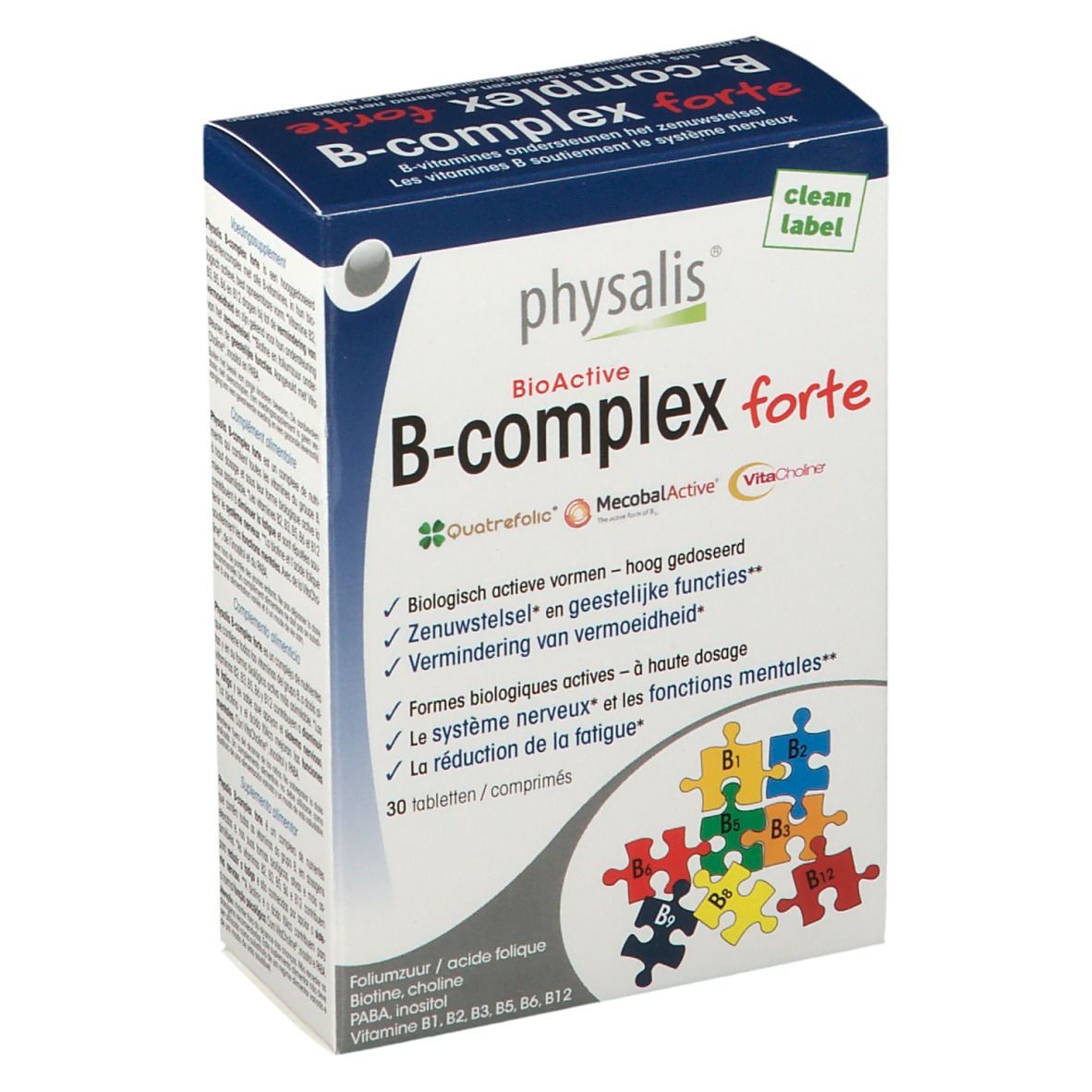 Doos physalis® B-Complex forte. Blauwe verpakking met productnaam en logo's. Bevat 30 tabletten. Opschriften: Vitamines B, Quatrefolic, MecobalActive, VitaCholine.