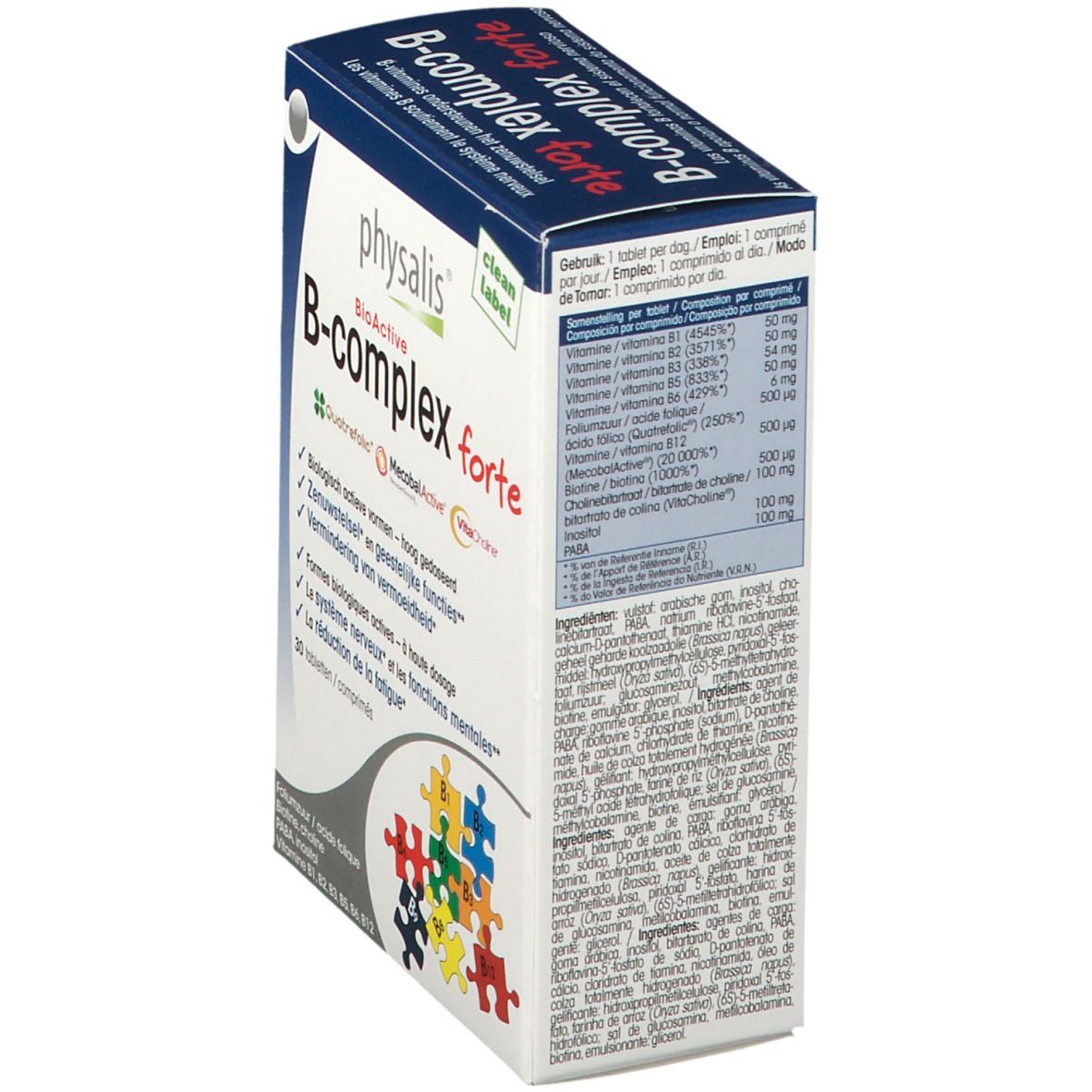 Doos physalis® B-Complex forte. Blauwe verpakking met productnaam en logo's. Bevat 30 tabletten. Opschriften: Vitamines B, Quatrefolic, MecobalActive, VitaCholine.