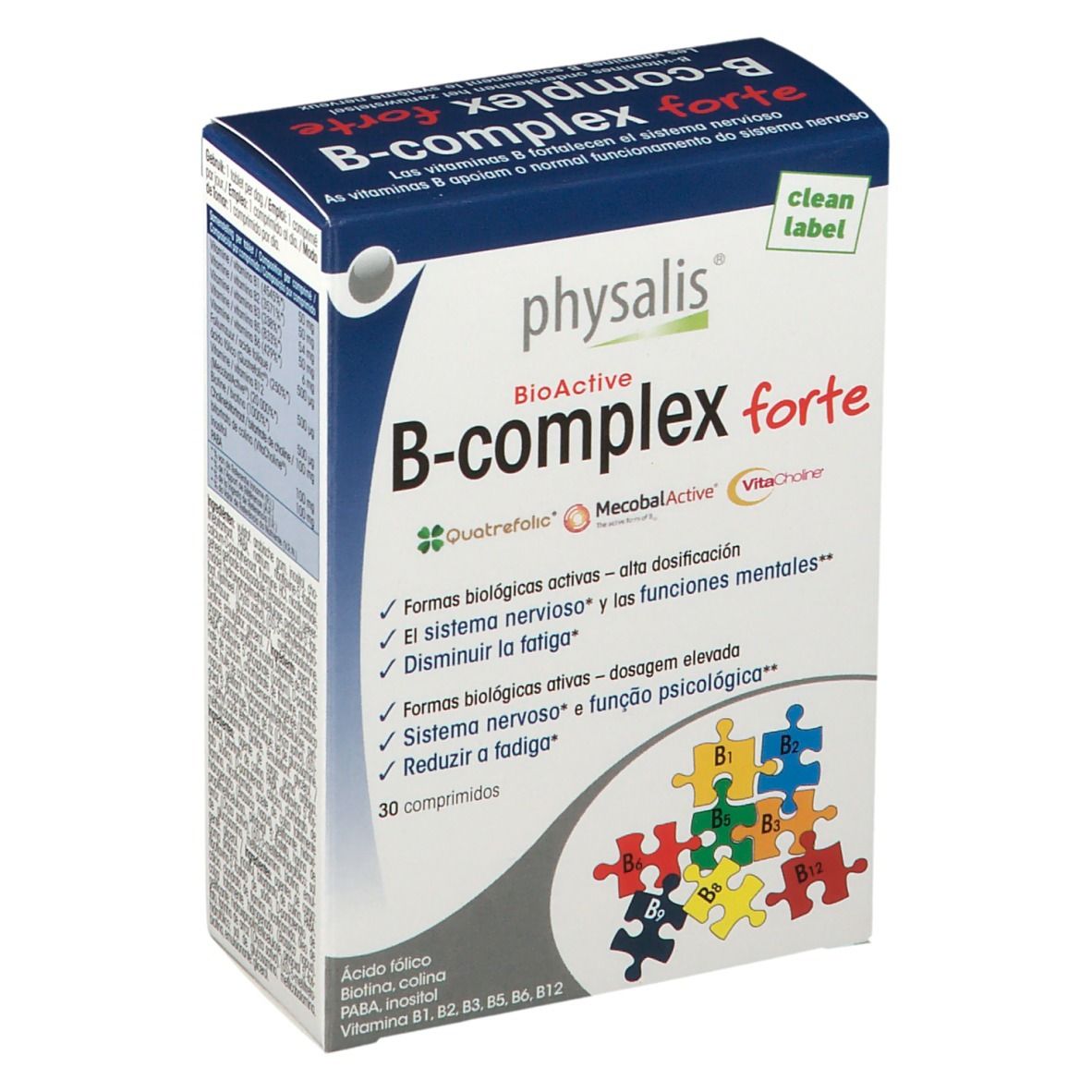 Doos physalis® B-Complex forte. Blauwe verpakking met productnaam en logo's. Bevat 30 tabletten. Opschriften: Vitamines B, Quatrefolic, MecobalActive, VitaCholine.