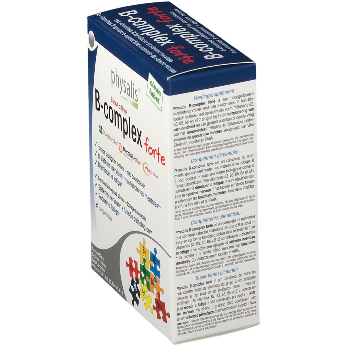 Doos physalis® B-Complex forte. Blauwe verpakking met productnaam en logo's. Bevat 30 tabletten. Opschriften: Vitamines B, Quatrefolic, MecobalActive, VitaCholine.