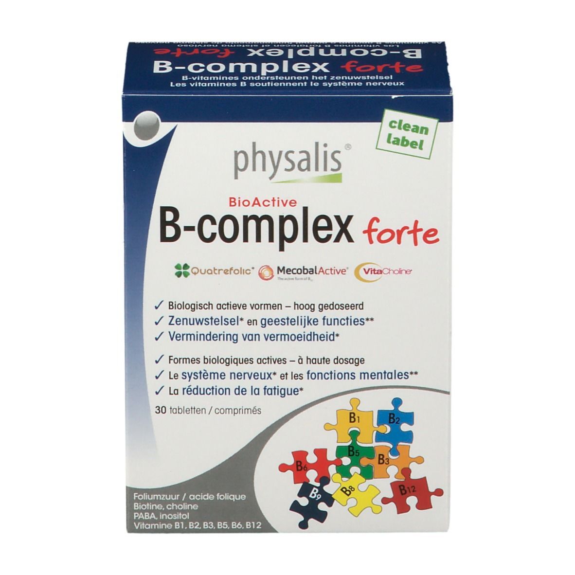 Doos physalis® B-Complex forte. Blauwe verpakking met productnaam en logo's. Bevat 30 tabletten. Opschriften: Vitamines B, Quatrefolic, MecobalActive, VitaCholine.