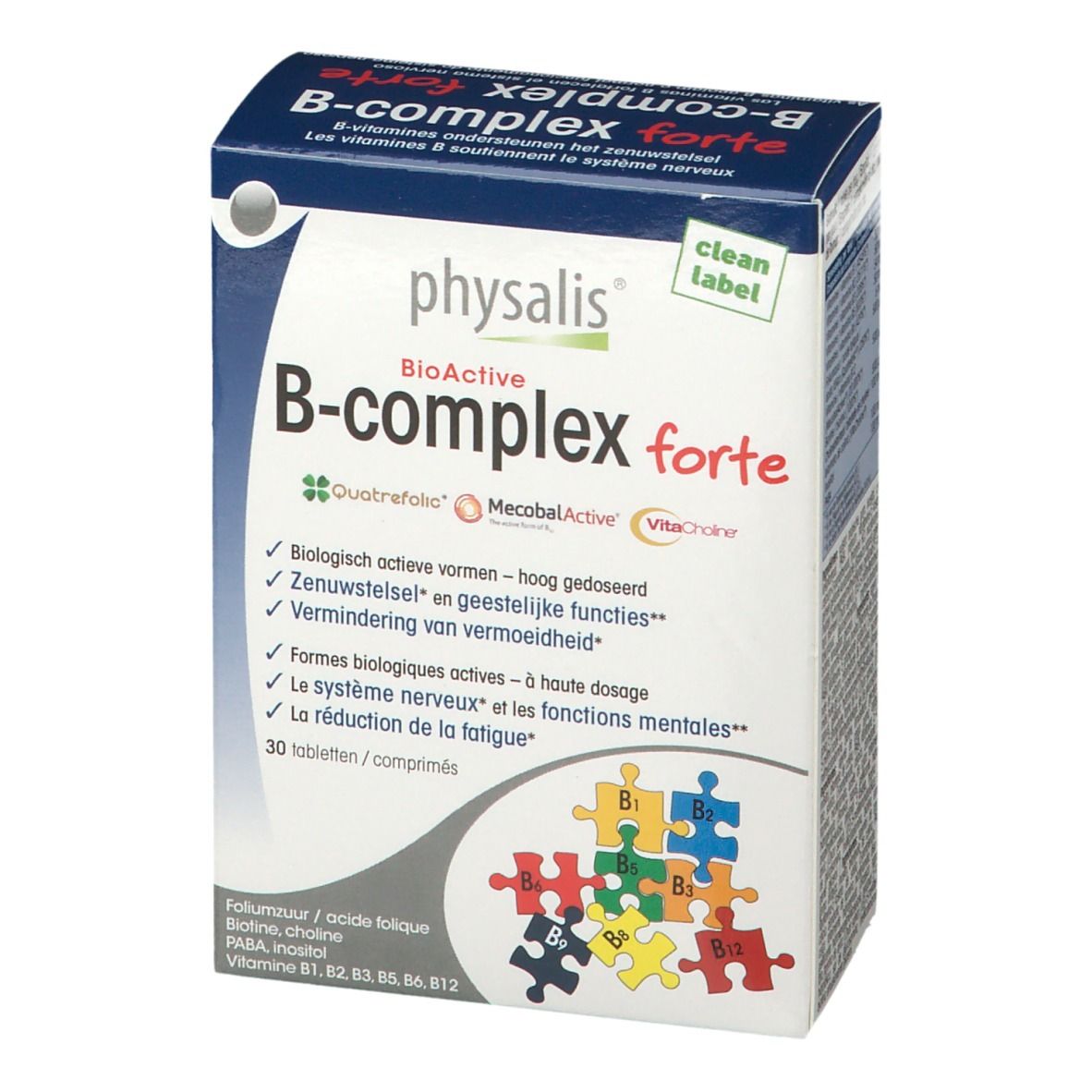 Doos physalis® B-Complex forte. Blauwe verpakking met productnaam en logo's. Bevat 30 tabletten. Opschriften: Vitamines B, Quatrefolic, MecobalActive, VitaCholine.