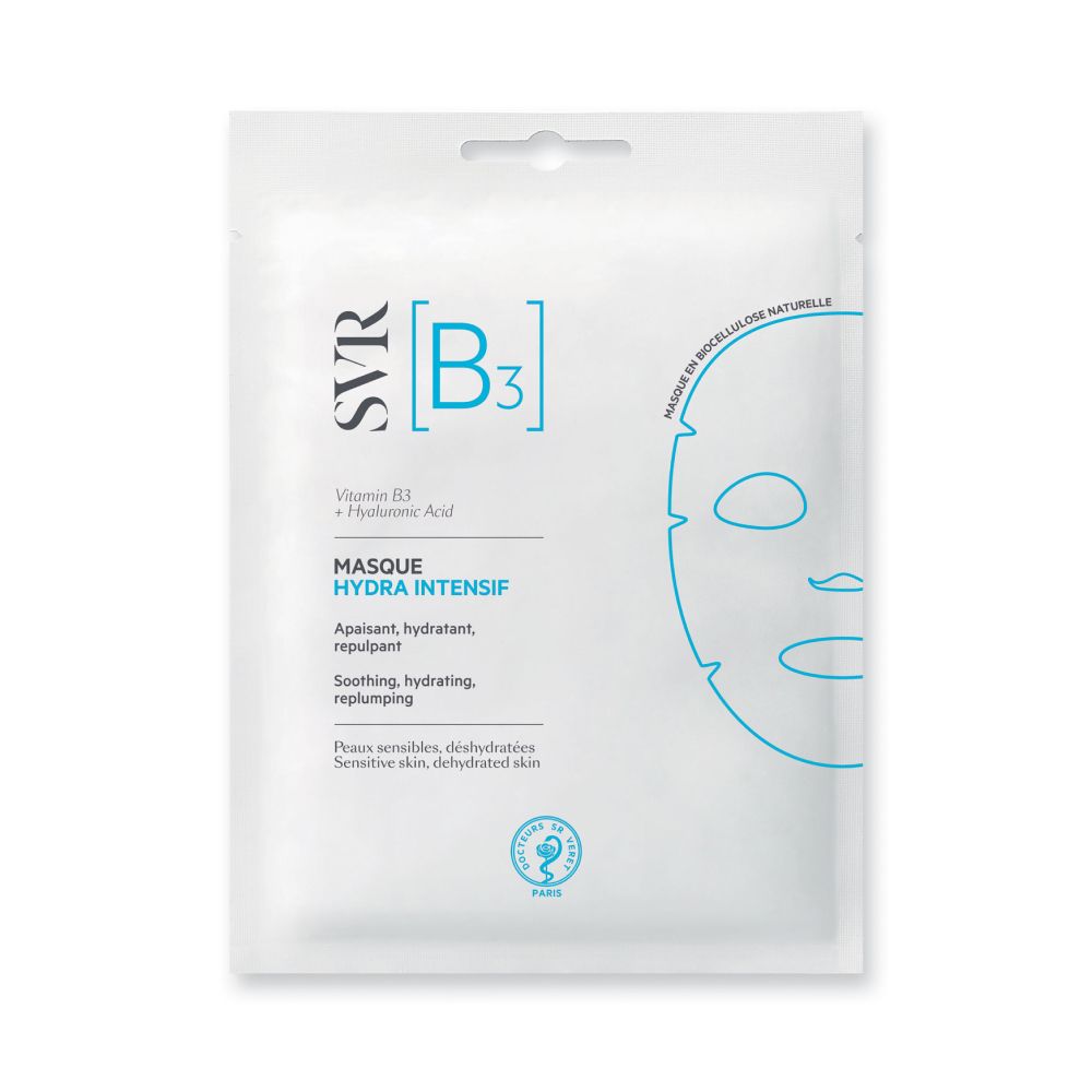 Sachet blanc avec informations produit. SVR [B3] Masque Hydra Intensif. Pour peaux sensibles, déshydratées.