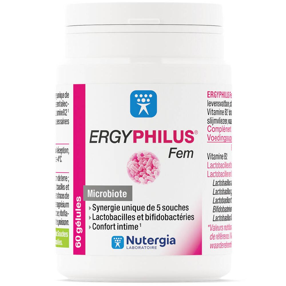 Witte fles met roze etiket. Opschrift: ERGYPHILUS Fem, 60 capsules. Logo: NUTERGIA Laboratoire.