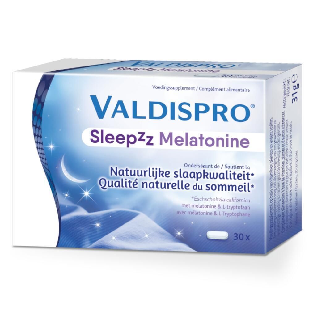 Boîte de VALDISPRO Sleepzz Melatonine. Emballage bleu et blanc avec nom du produit et motif lune. Contient 30 comprimés.
