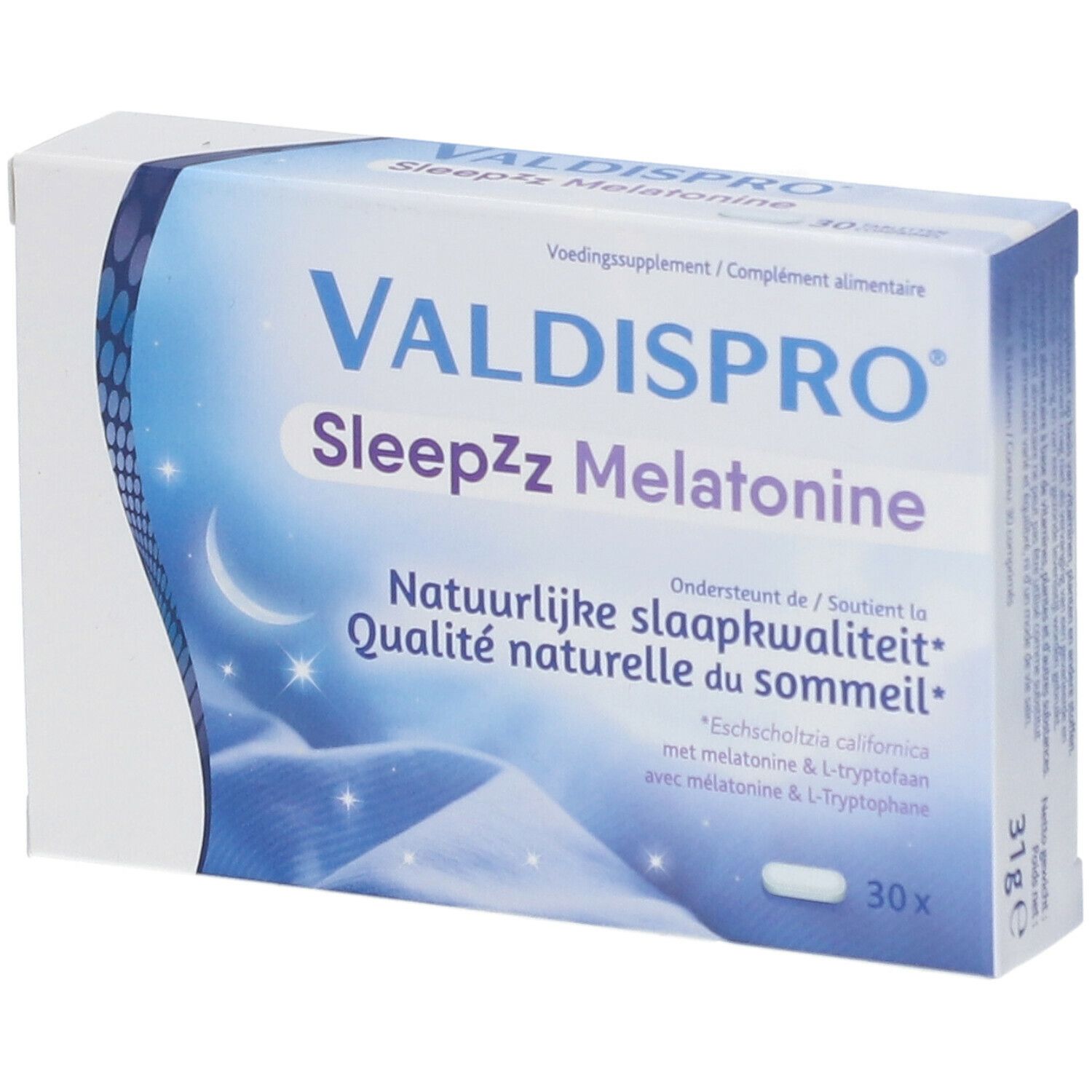Boîte de VALDISPRO Sleepzz Melatonine. Emballage bleu et blanc avec nom du produit et motif lune. Contient 30 comprimés.