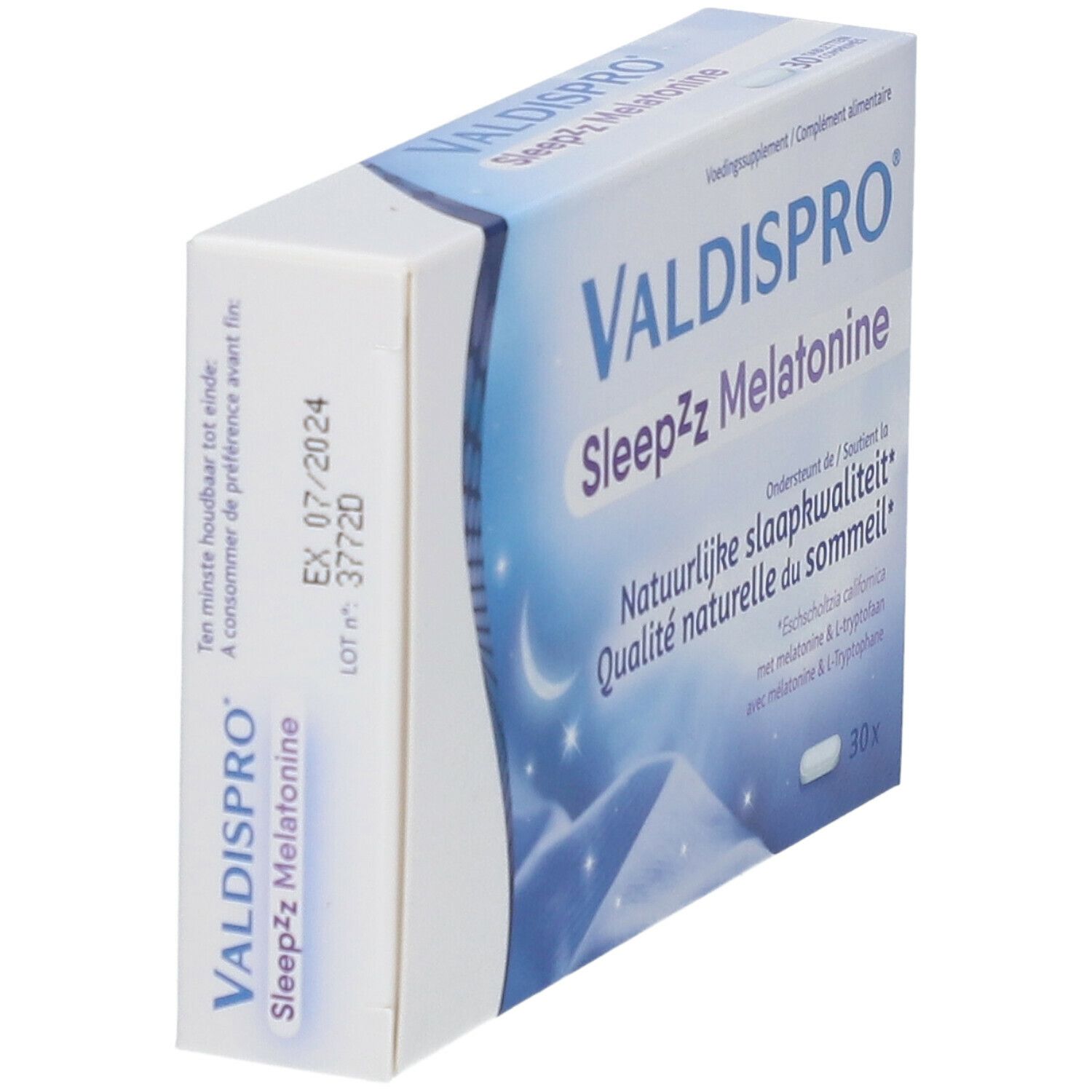 Boîte de VALDISPRO Sleepzz Melatonine, vue latérale. Nom du produit et date de péremption visibles. Contient 30 comprimés.