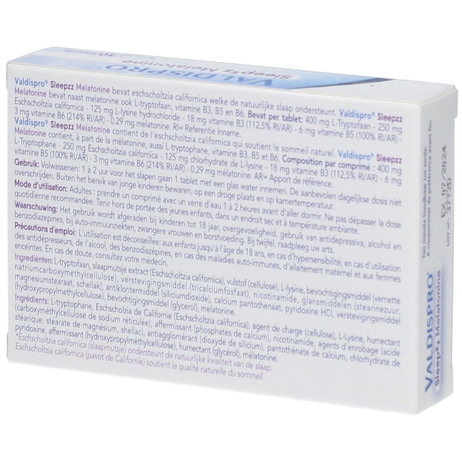 Dos de l'emballage VALDISPRO Sleepzz Melatonine. Texte avec ingrédients et instructions d'utilisation. Contient 30 comprimés.