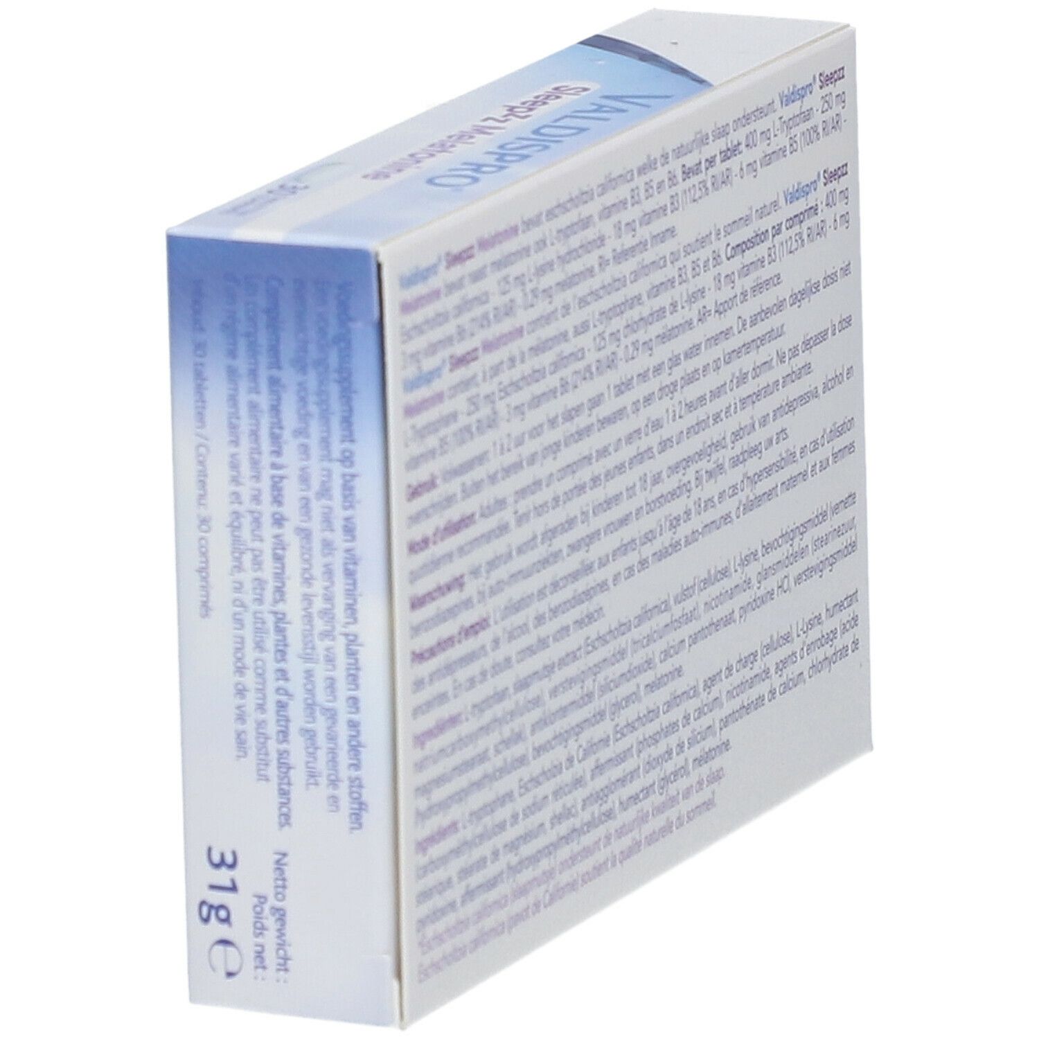 Vue latérale de l'emballage VALDISPRO Sleepzz Melatonine. Texte avec ingrédients et instructions. Contient 30 comprimés.