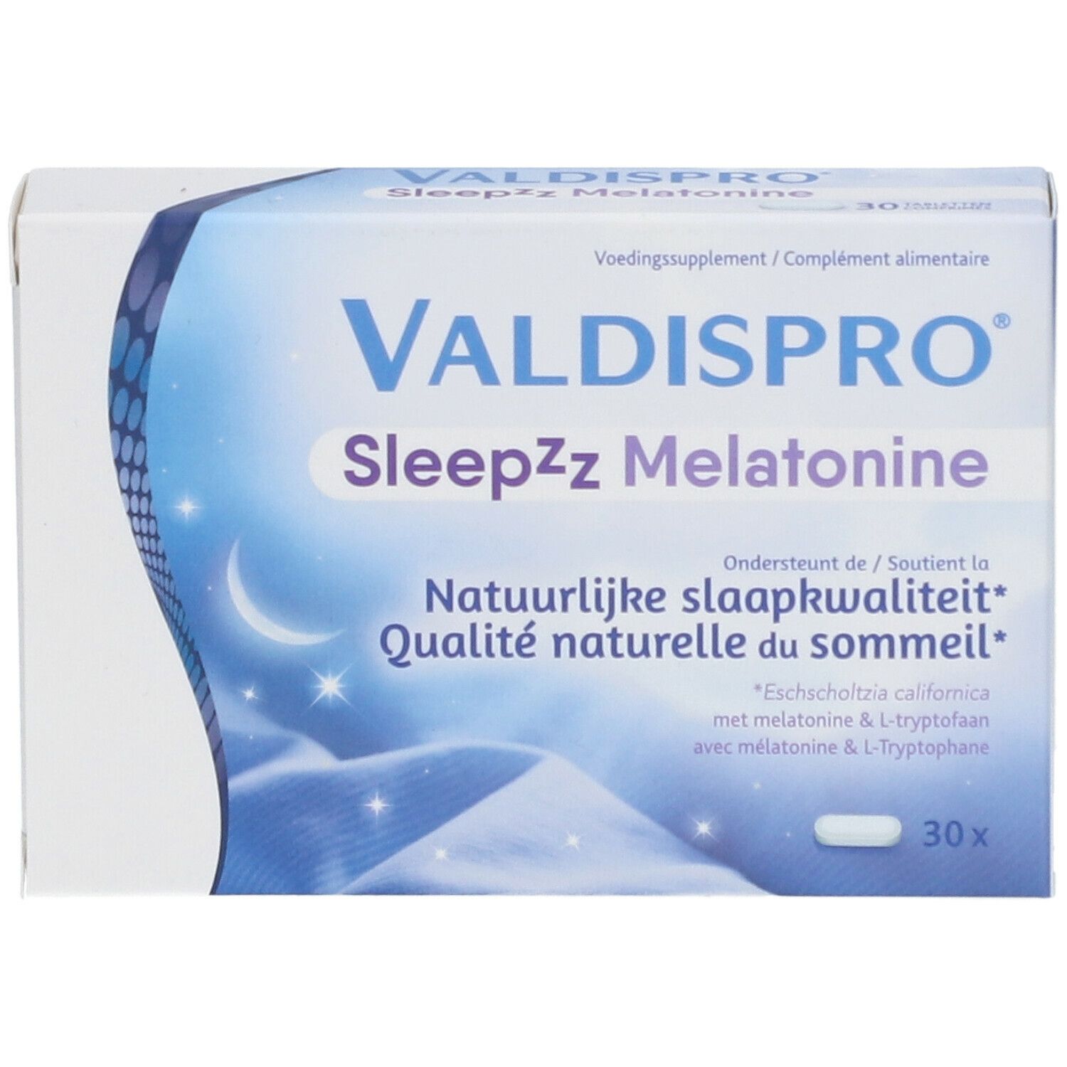 Boîte de VALDISPRO Sleepzz Melatonine. Emballage bleu et blanc avec nom du produit et motif lune. Contient 30 comprimés.
