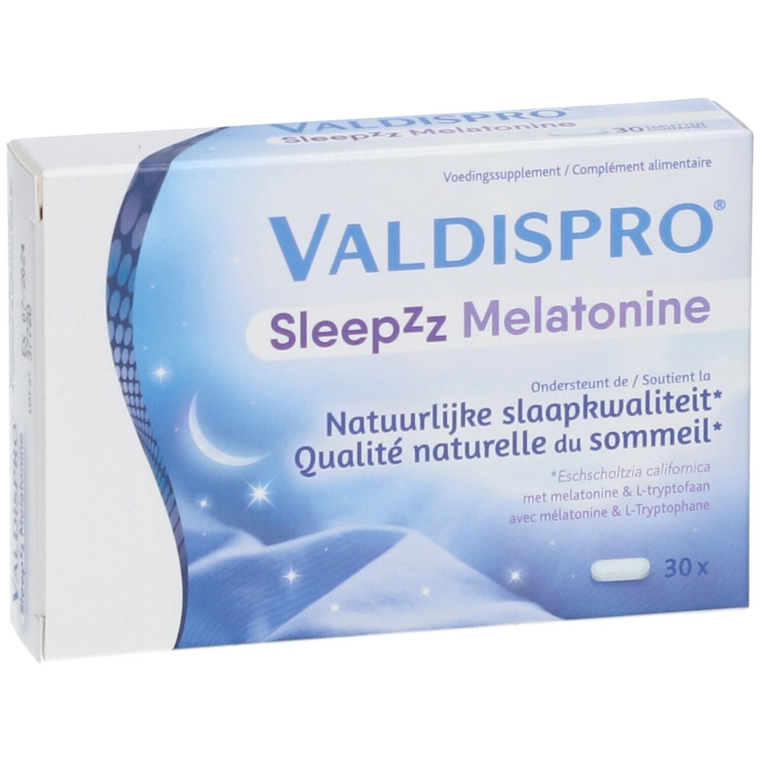 Boîte de VALDISPRO Sleepzz Melatonine. Emballage bleu et blanc avec nom du produit et motif lune. Contient 30 comprimés.