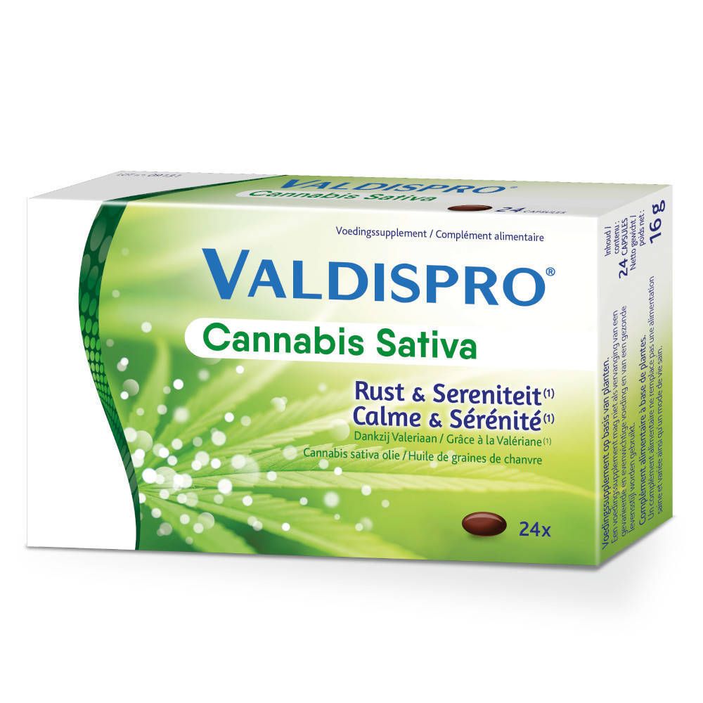 Verpakking van Valdispro Cannabis Sativa. Groen-wit ontwerp met productnaam en informatie. Bevat 24 capsules.