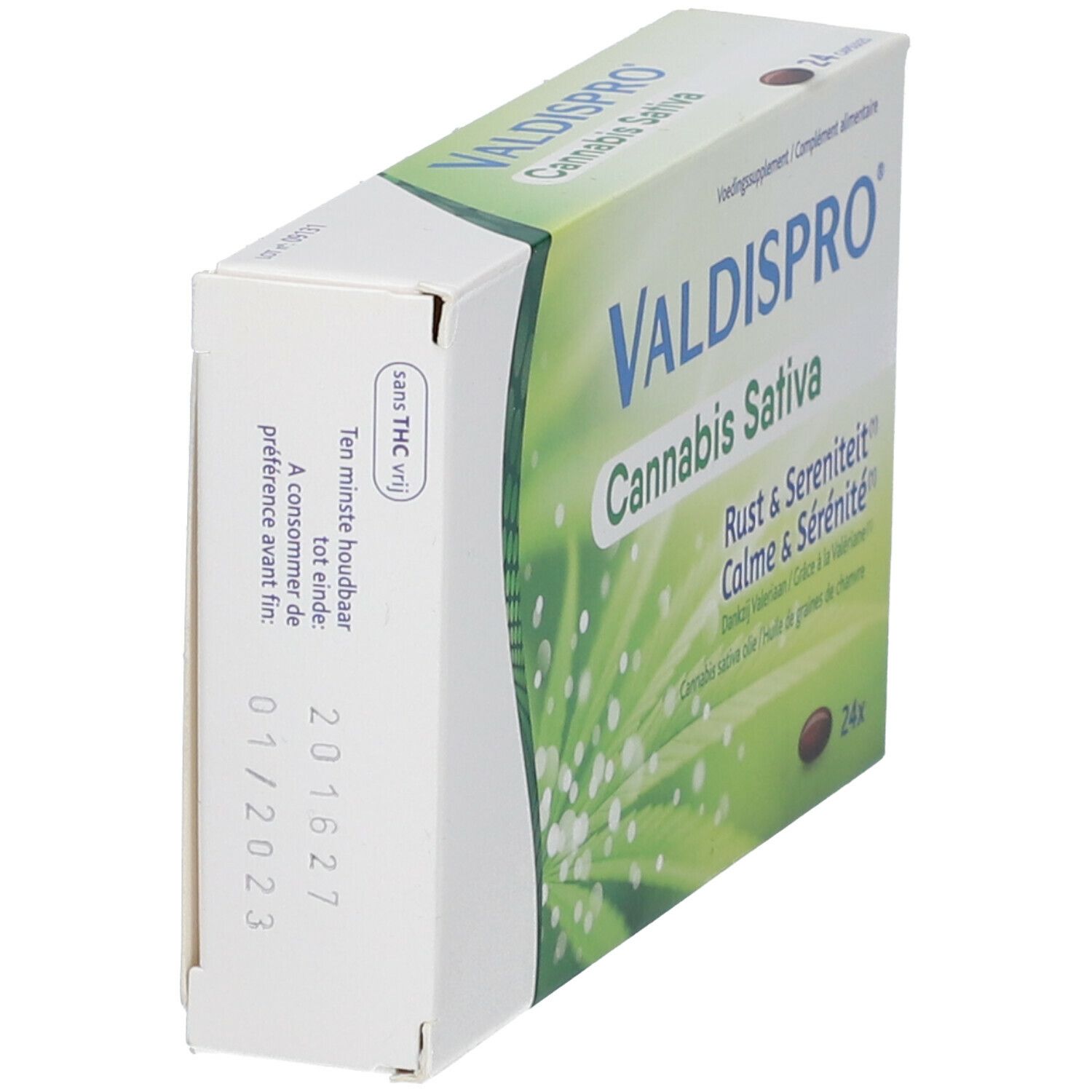 Zijaanzicht van de Valdispro Cannabis Sativa verpakking. Toont productnaam, houdbaarheidsdatum en THC-vrij logo.