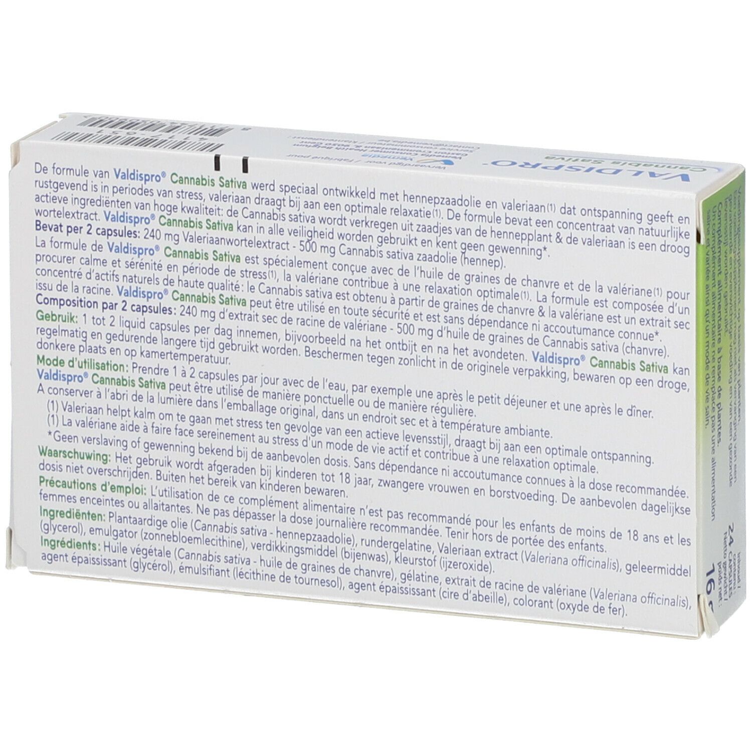 Achterkant van de Valdispro Cannabis Sativa verpakking. Bevat tekstuele informatie over het product en ingrediënten.