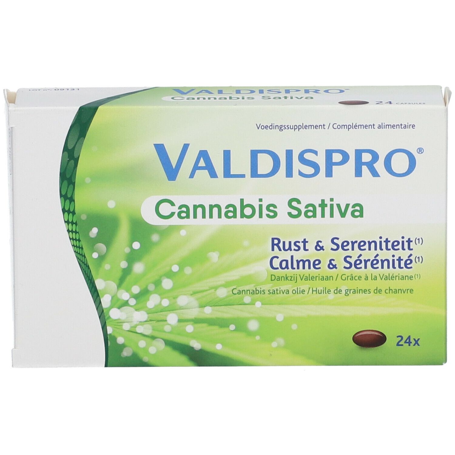Verpakking van Valdispro Cannabis Sativa. Groen-wit ontwerp met productnaam en informatie. Bevat 24 capsules.