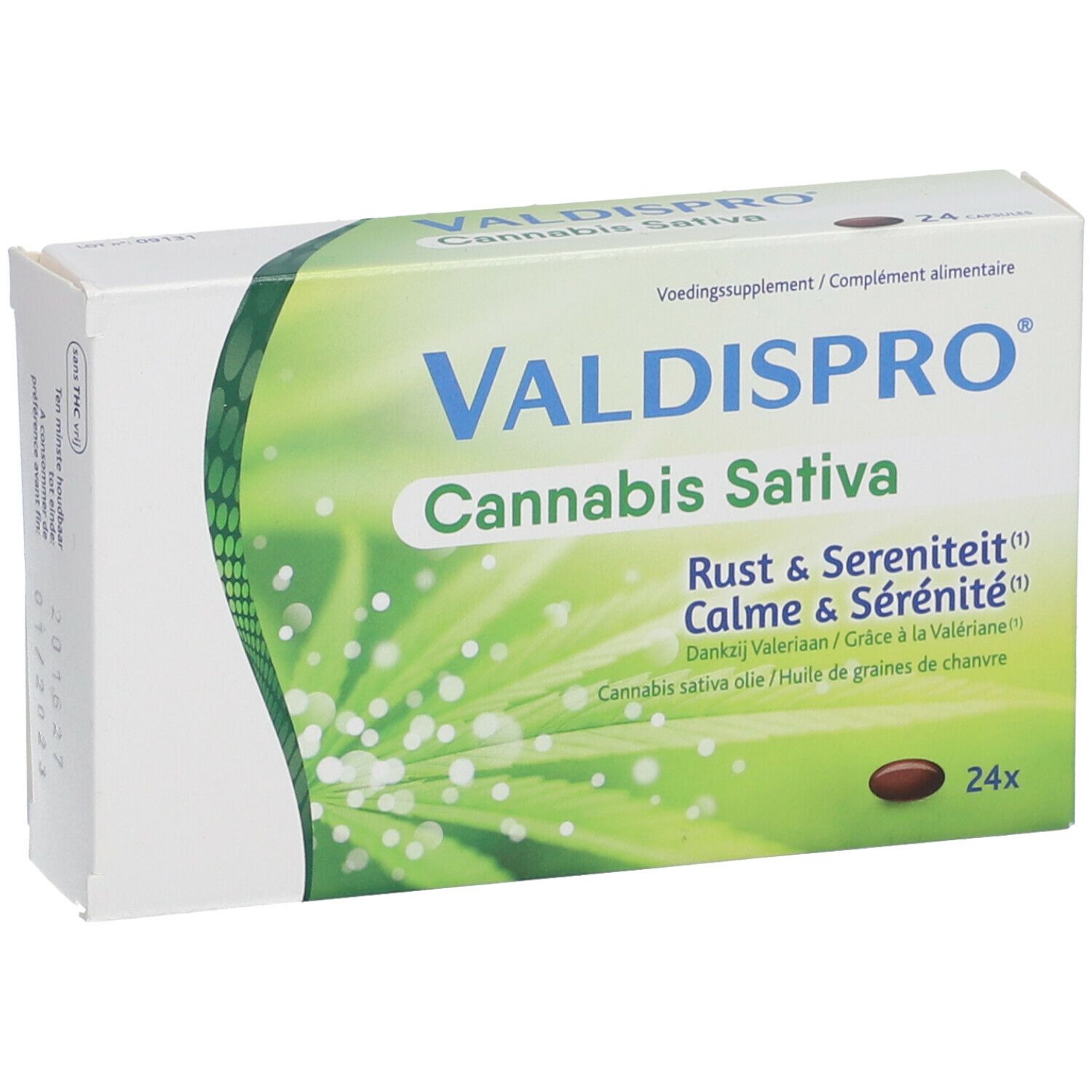 Verpakking van Valdispro Cannabis Sativa. Groen-wit ontwerp met productnaam en informatie. Bevat 24 capsules.