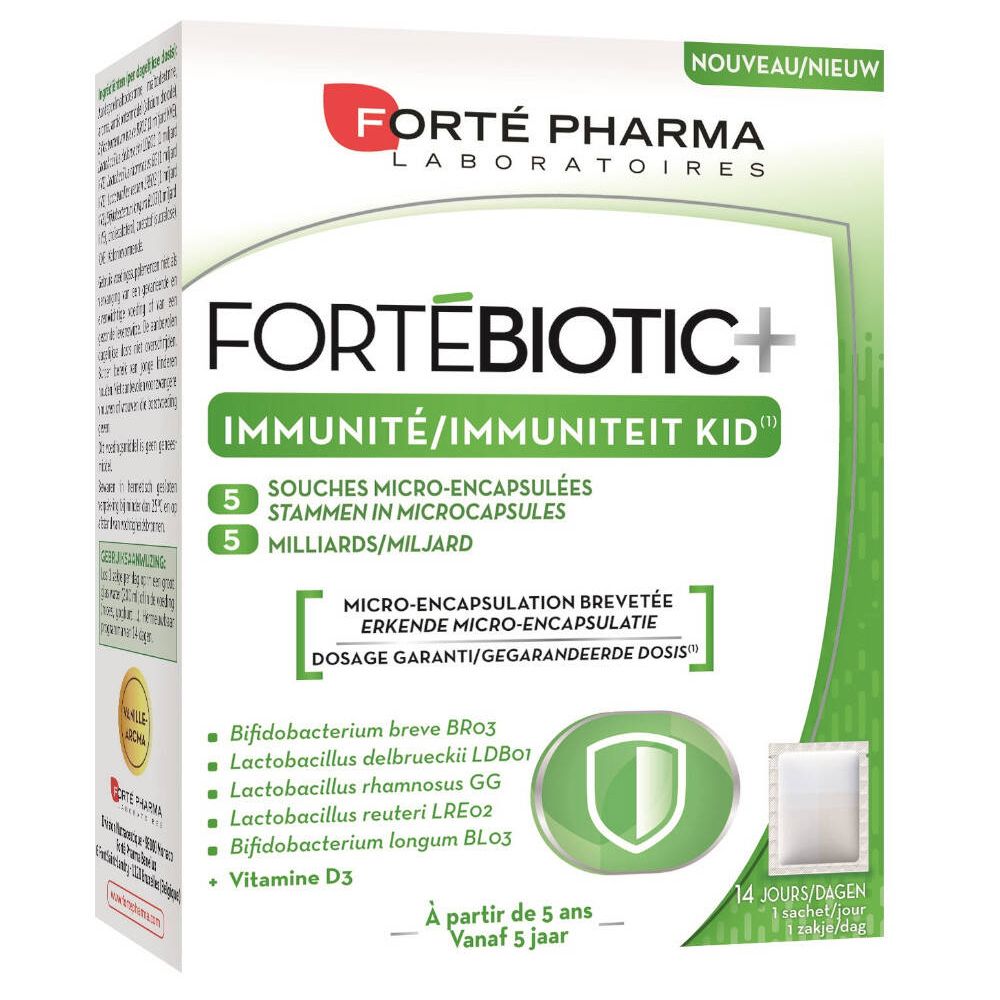 Boîte de Fortébiotic+ Immunité Kid. Contient 14 sachets. Inscription : 5 souches micro-encapsulées, 5 milliards.