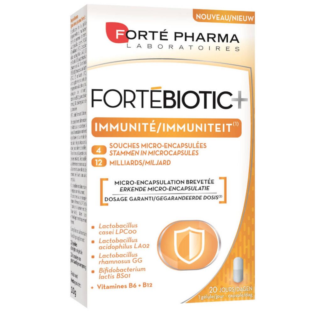 Boîte de Fortébiotic+ IMMUNITÉ. Contient 20 gélules. Symbole de bouclier orange. Texte: 4 souches, 12 milliards.