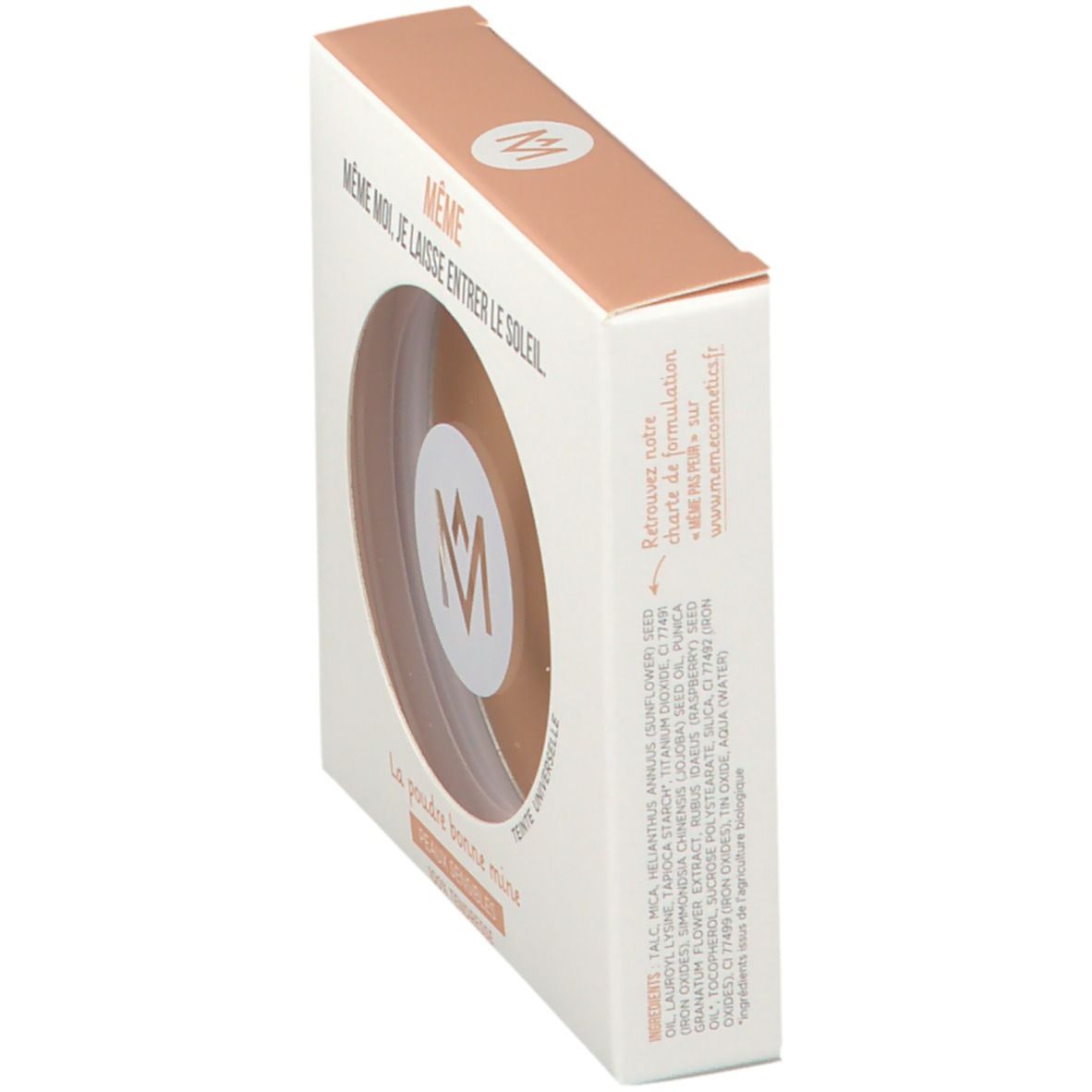 Doos met poeder. Product zichtbaar door venster. Tekst: MÊME, La Poudre Bonne Mine, Peaux Sensibles, 100% tendresse.