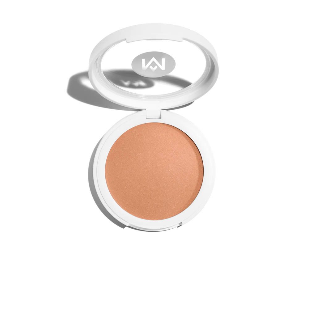Ronde poederdoos, wit, open. Beige poeder. Logo: M.