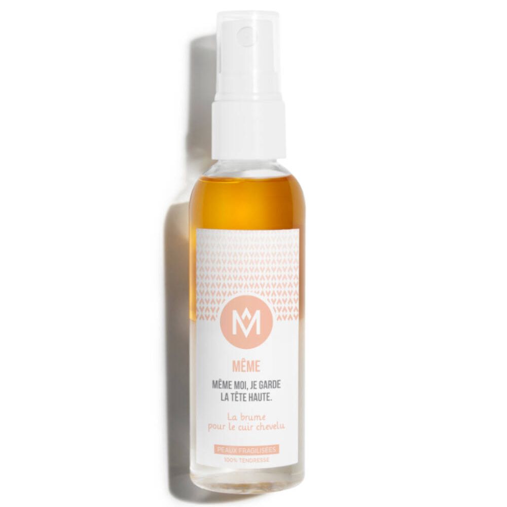 Hoofdhuid spray in glazen fles met verstuiver. Etiket met logo en tekst. Amberkleurige vloeistof.