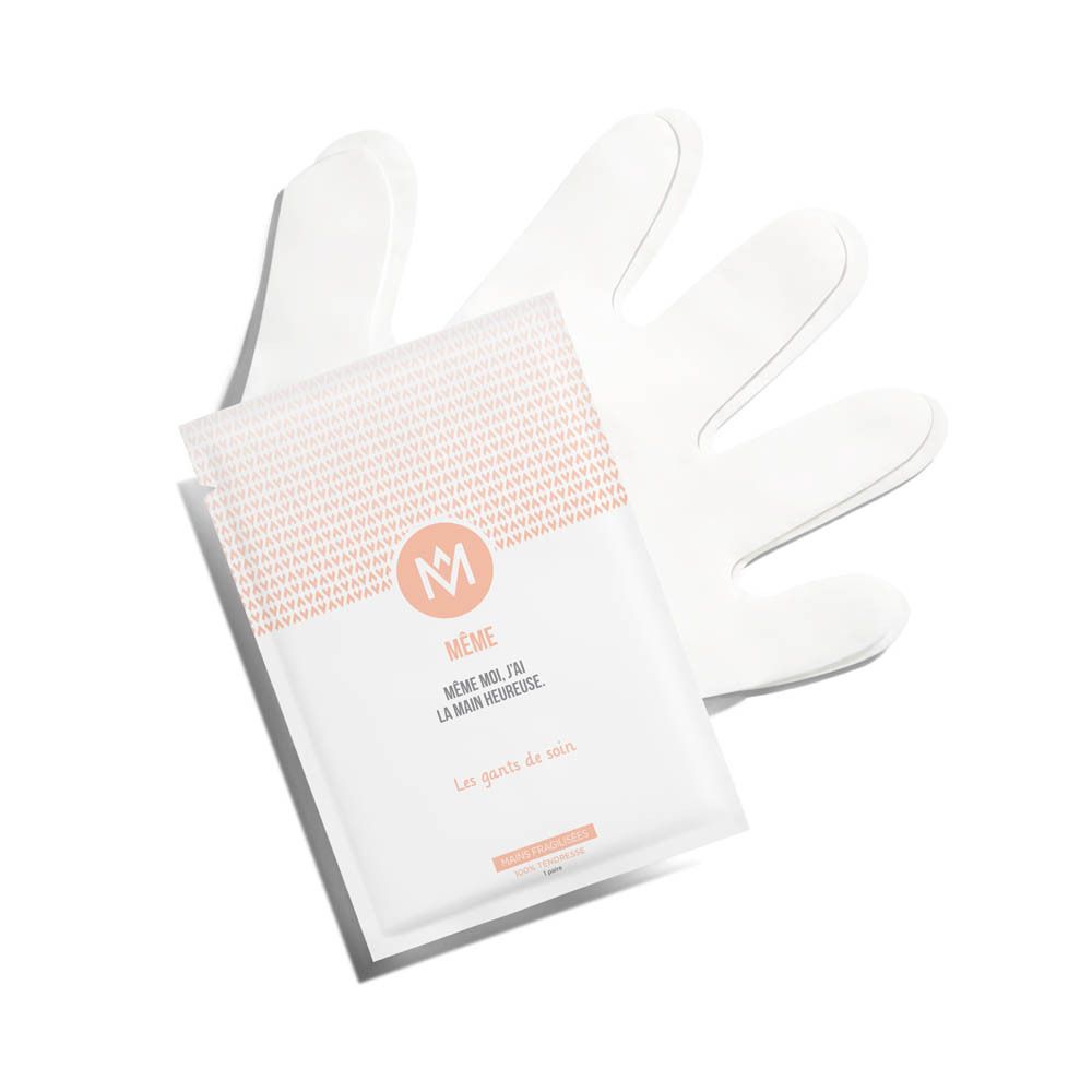 Witte verzorgingshandschoen en verpakking met MÊME logo. Opschrift: MÊME MOI, J'AI LA MAIN HEUREUSE. Les gants de soin.