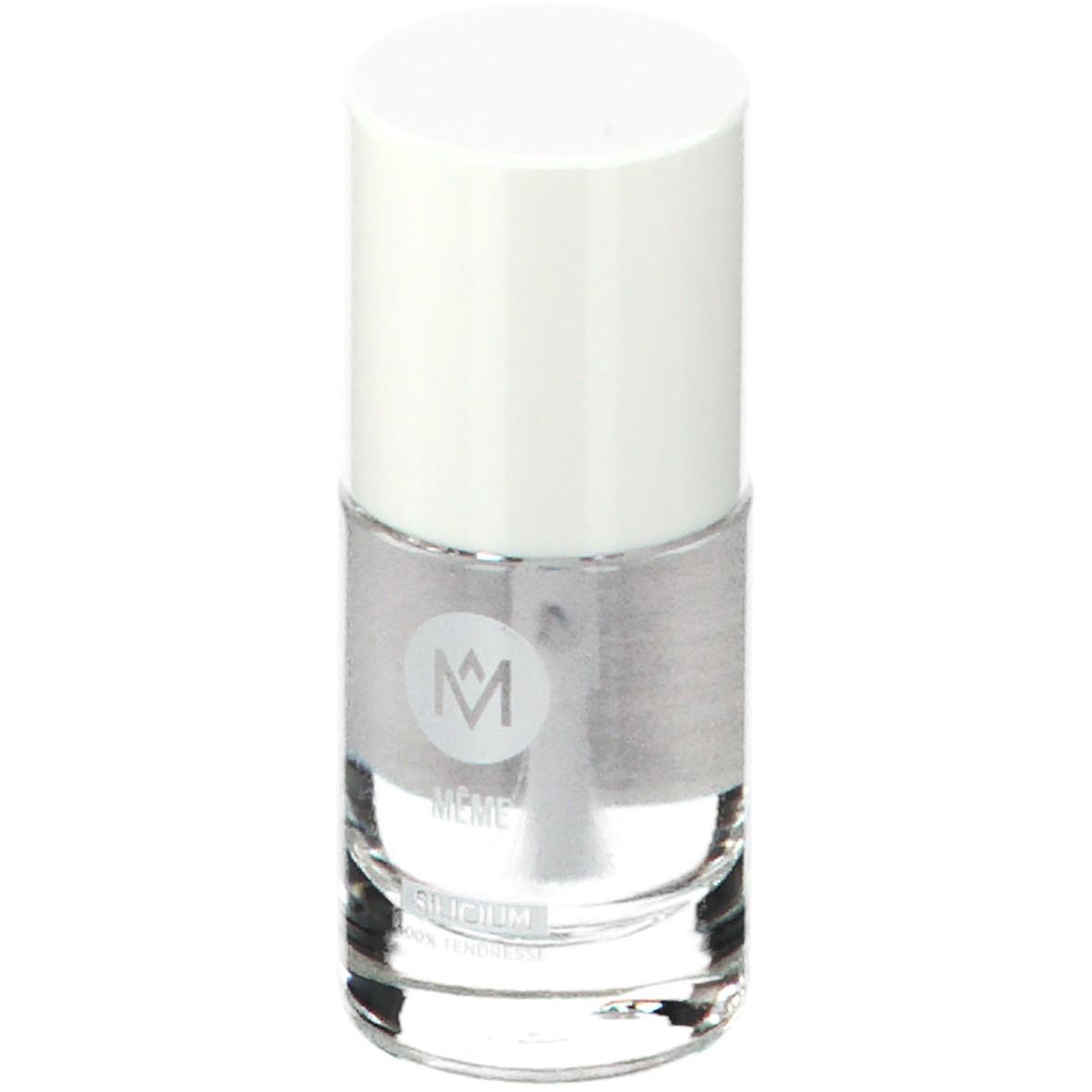 Flacon de vernis à ongles transparent avec bouchon blanc. Le logo MÊME et l'inscription SILICIUM sont visibles sur le flacon.