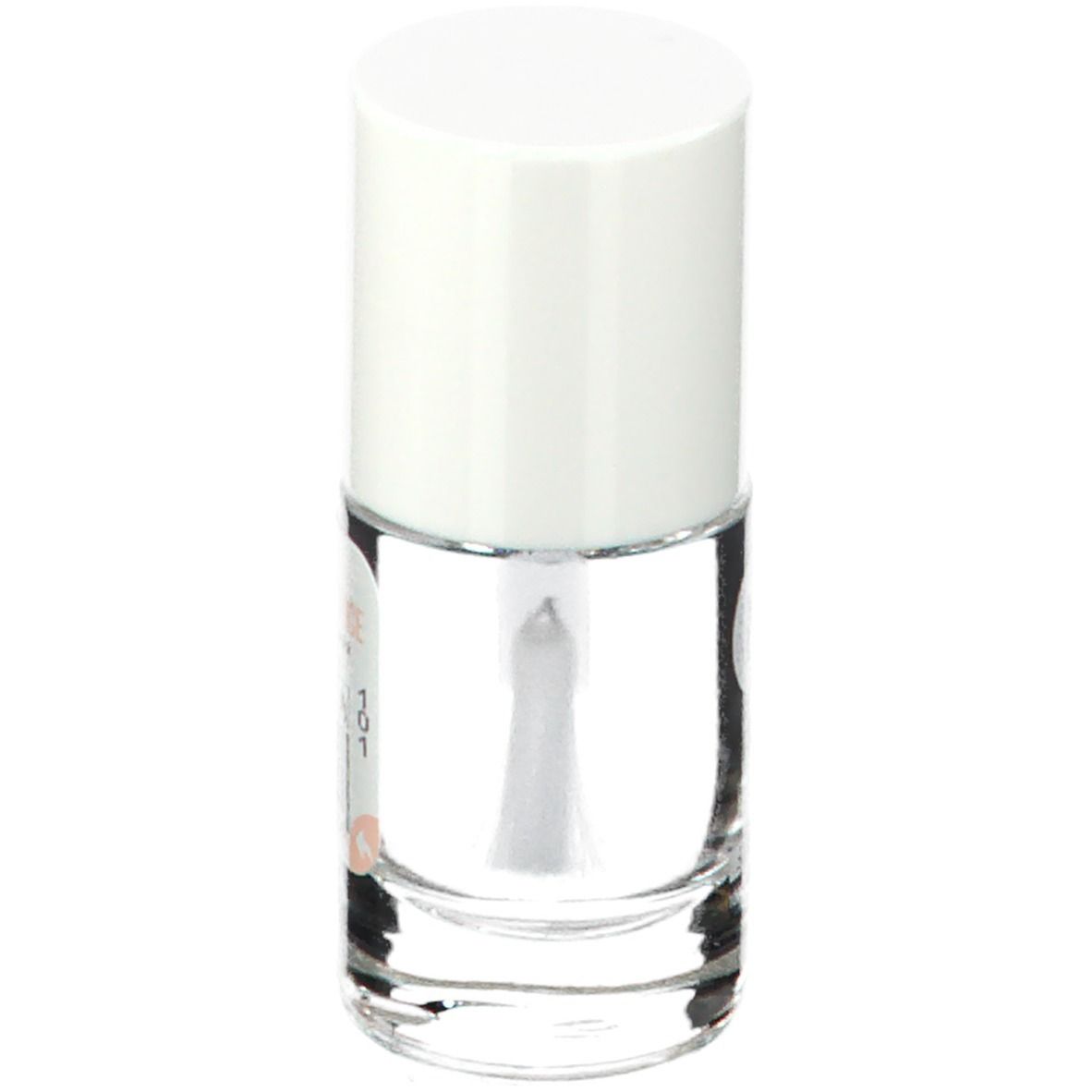 Flacon de vernis à ongles transparent avec bouchon blanc. L'étiquette indique FOR.
