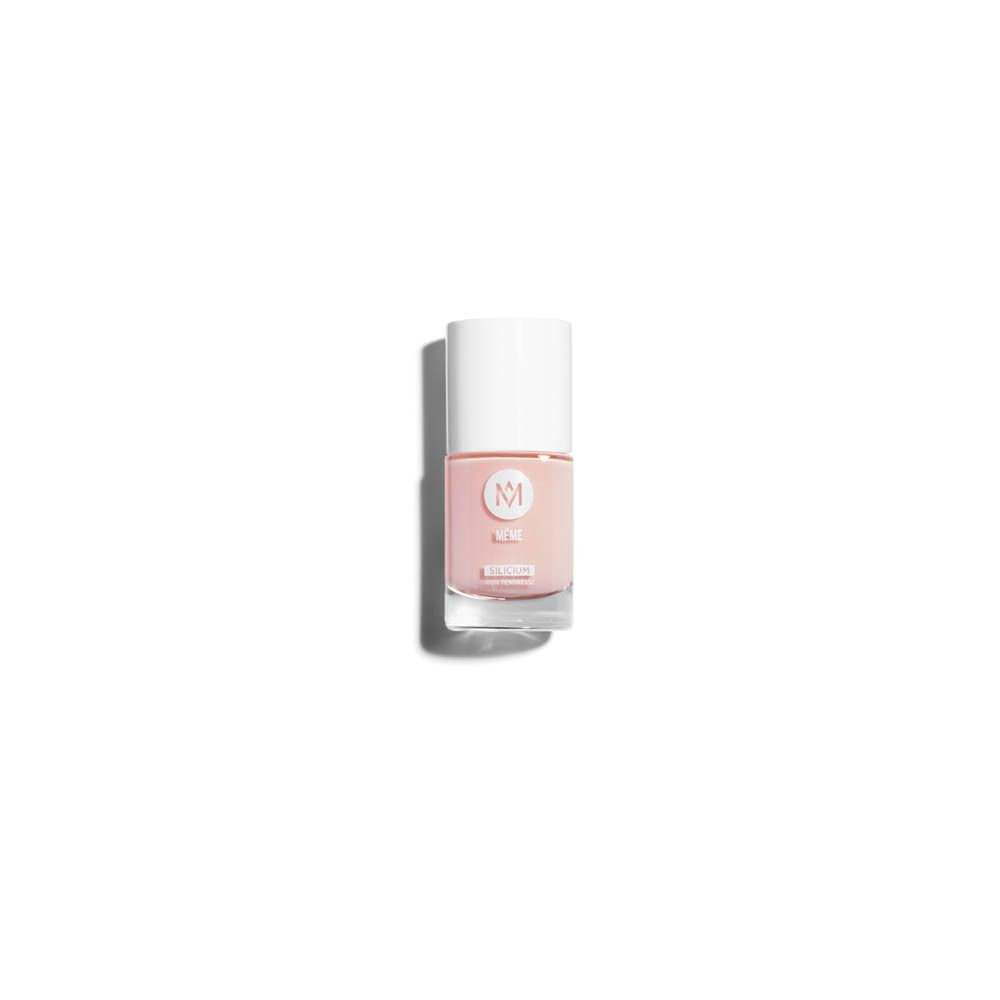 Flacon de vernis à ongles rose, bouchon blanc. Logo 'M'. Flacon en verre transparent.