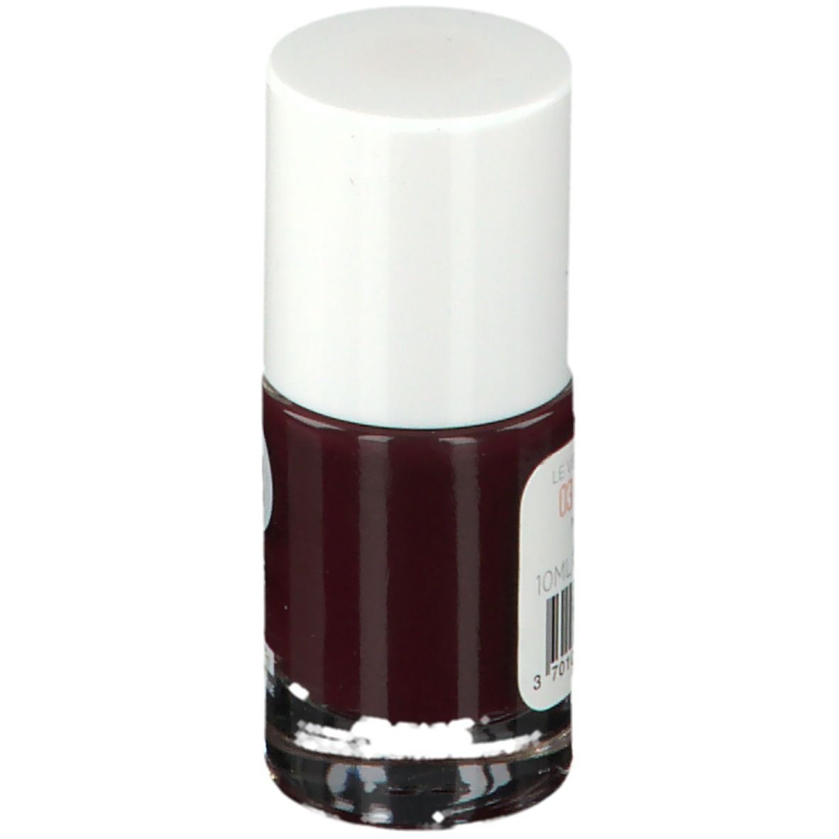 Donkerrode nagellakfles. Witte dop, transparante glazen fles. Etiket met informatie.